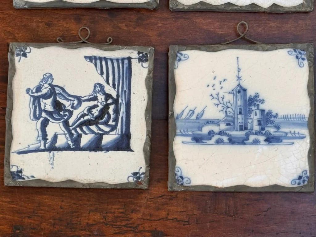 18th Century and Earlier Set of Eight Dutch delft tiles, 18th century, Mounted for Hanging For Sale