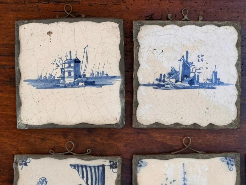 Set of Eight Dutch delft tiles, 18th century, Mounted for Hanging For Sale 2