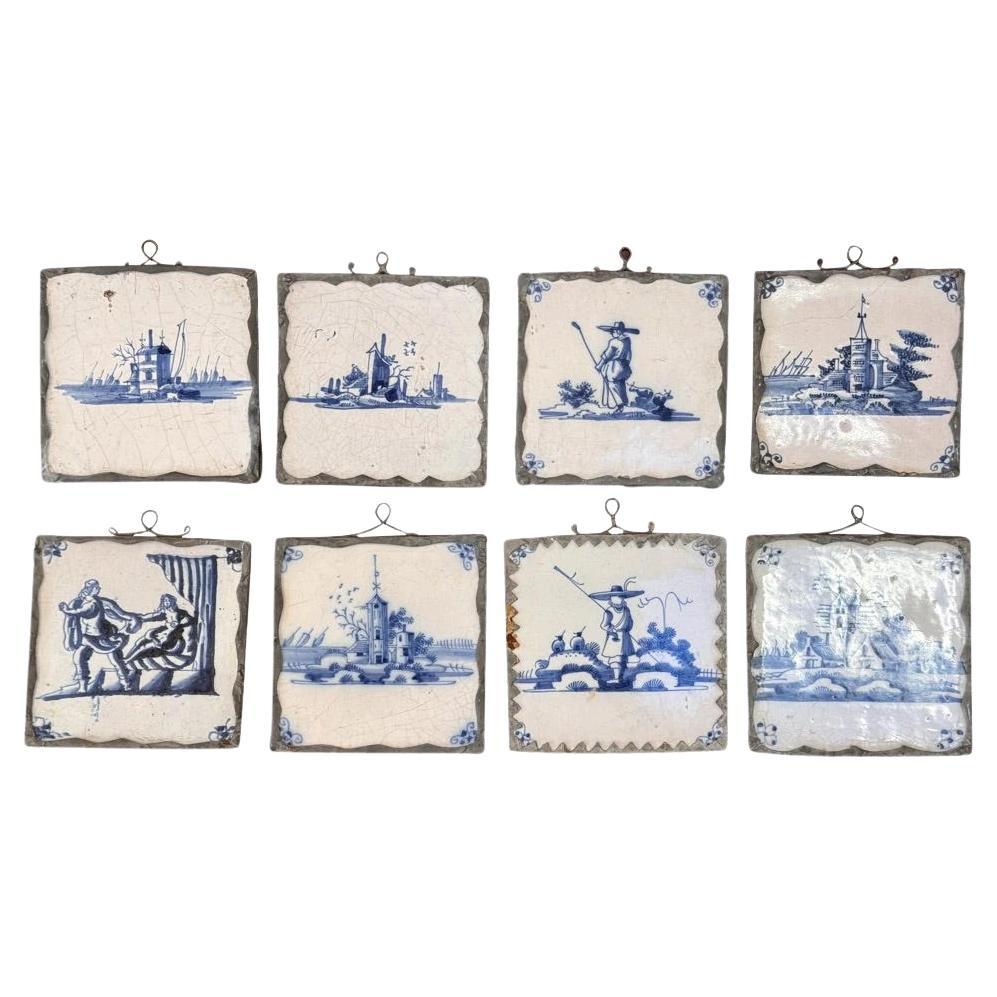 Set of Eight Dutch delft tiles, 18th century, Mounted for Hanging For Sale