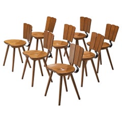 Set of Eight Dutch Rustic Dining Chairs in Stained Wood and Cast Iron