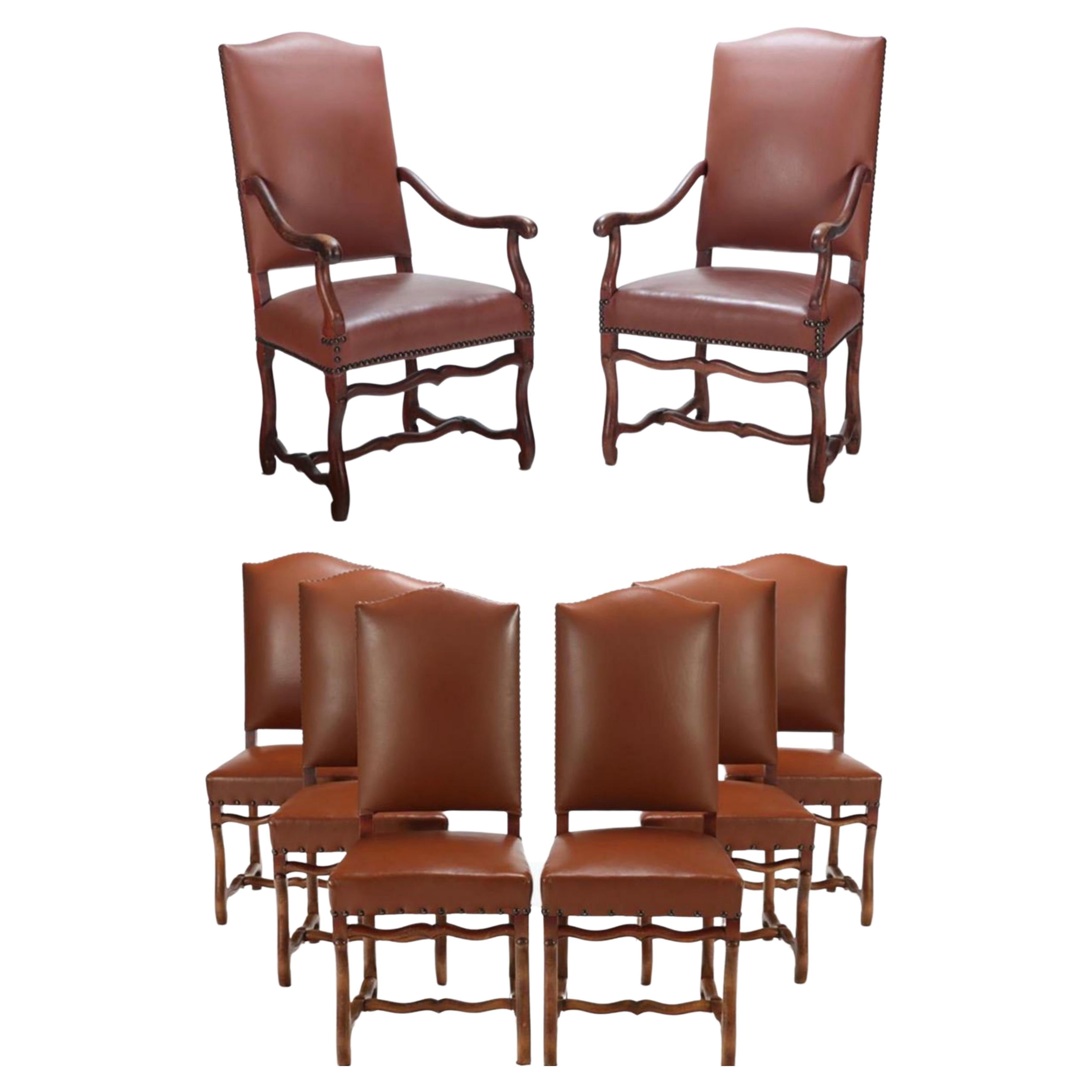 Set of Eight Early 20th Century French Beech Wood & Leather Dining Chairs