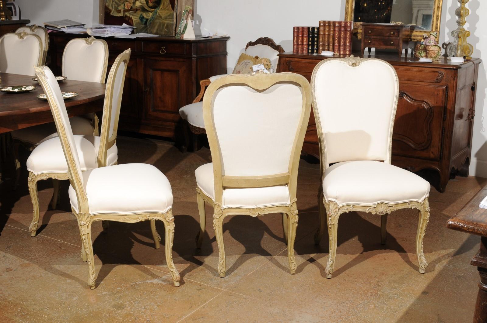 Upholstery Set of Eight Early 20th Century Painted and Carved Dining Chairs from Marseille