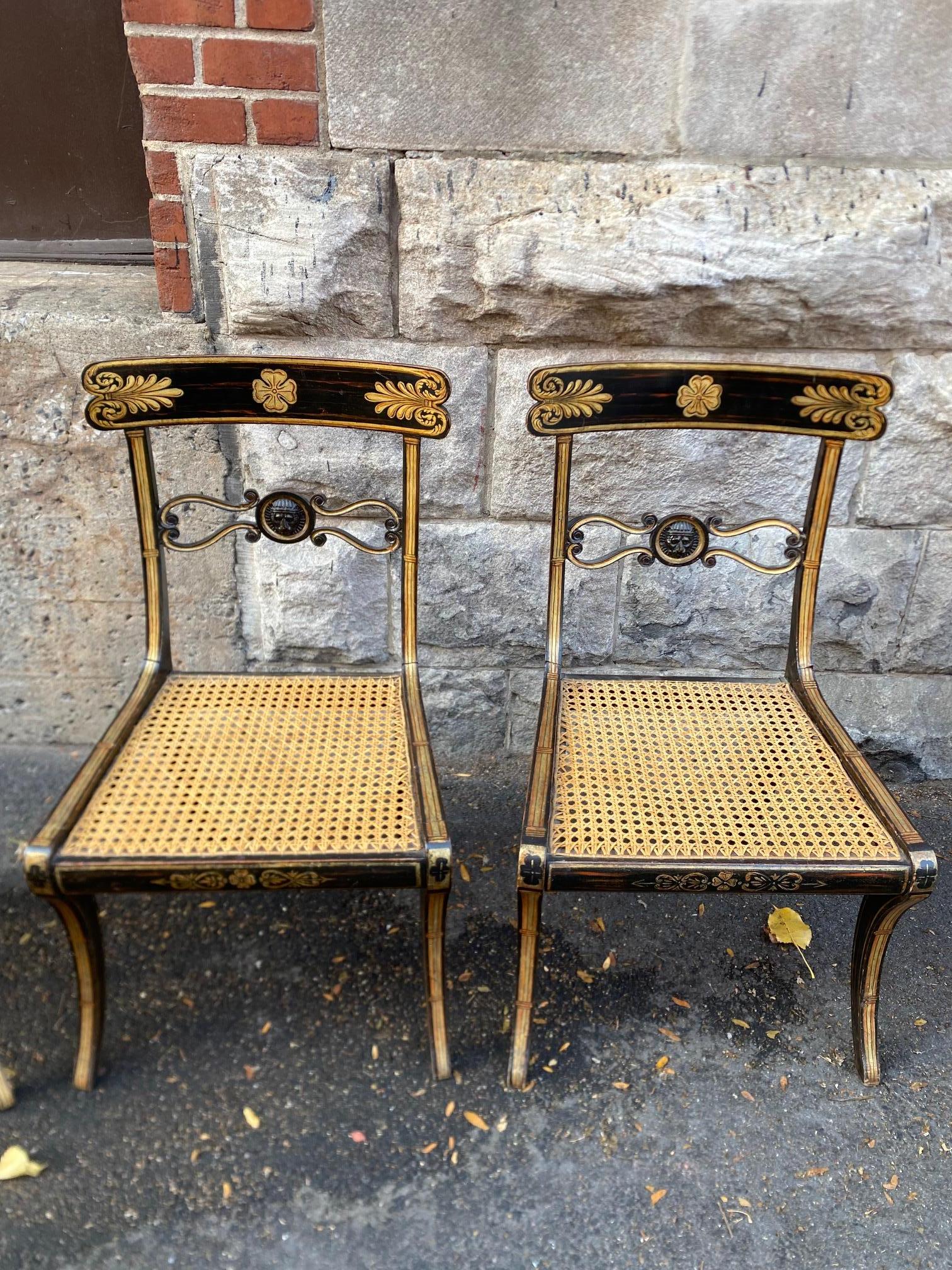 Early 19th Century Set Of Eight Ebonised Beechwood and Caned Regency Period Dining Chairs For Sale