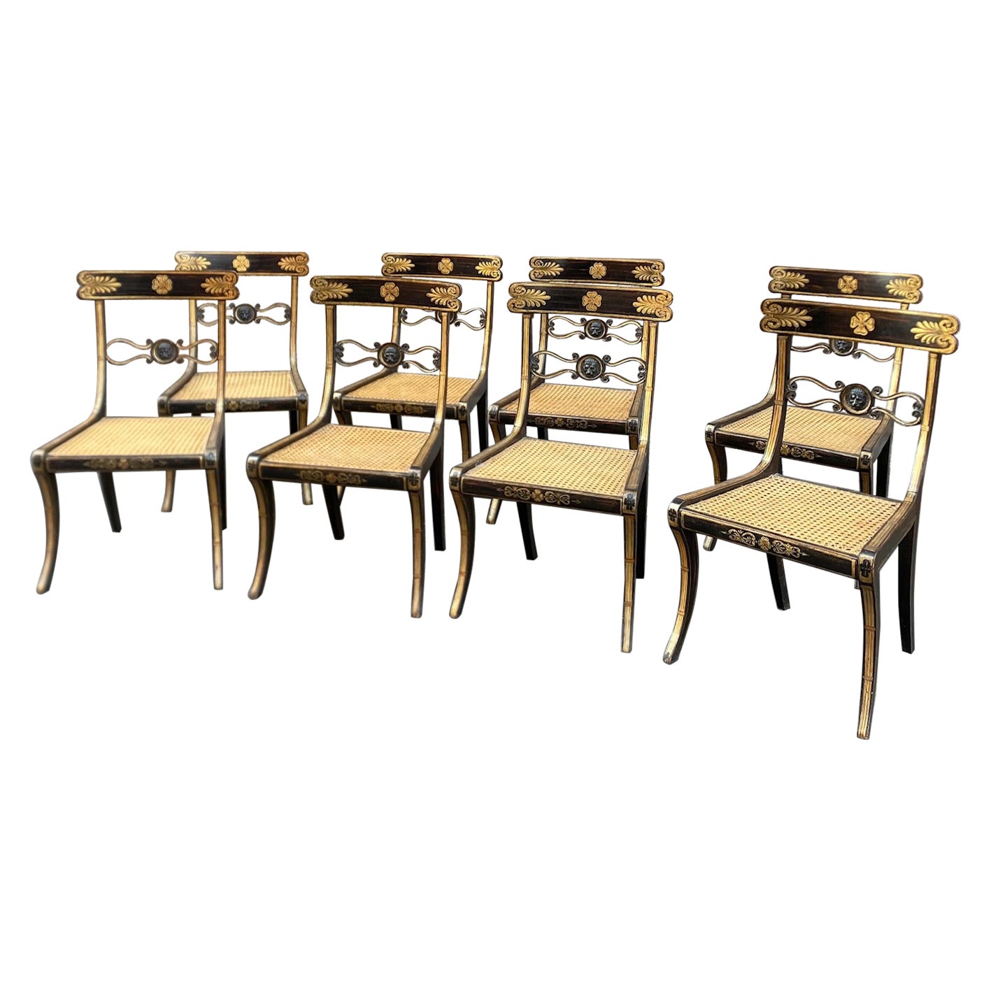 Set Of Eight Ebonised Beechwood and Caned Regency Period Dining Chairs For Sale