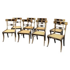Antique Set Of Eight Ebonised Beechwood and Caned Regency Period Dining Chairs