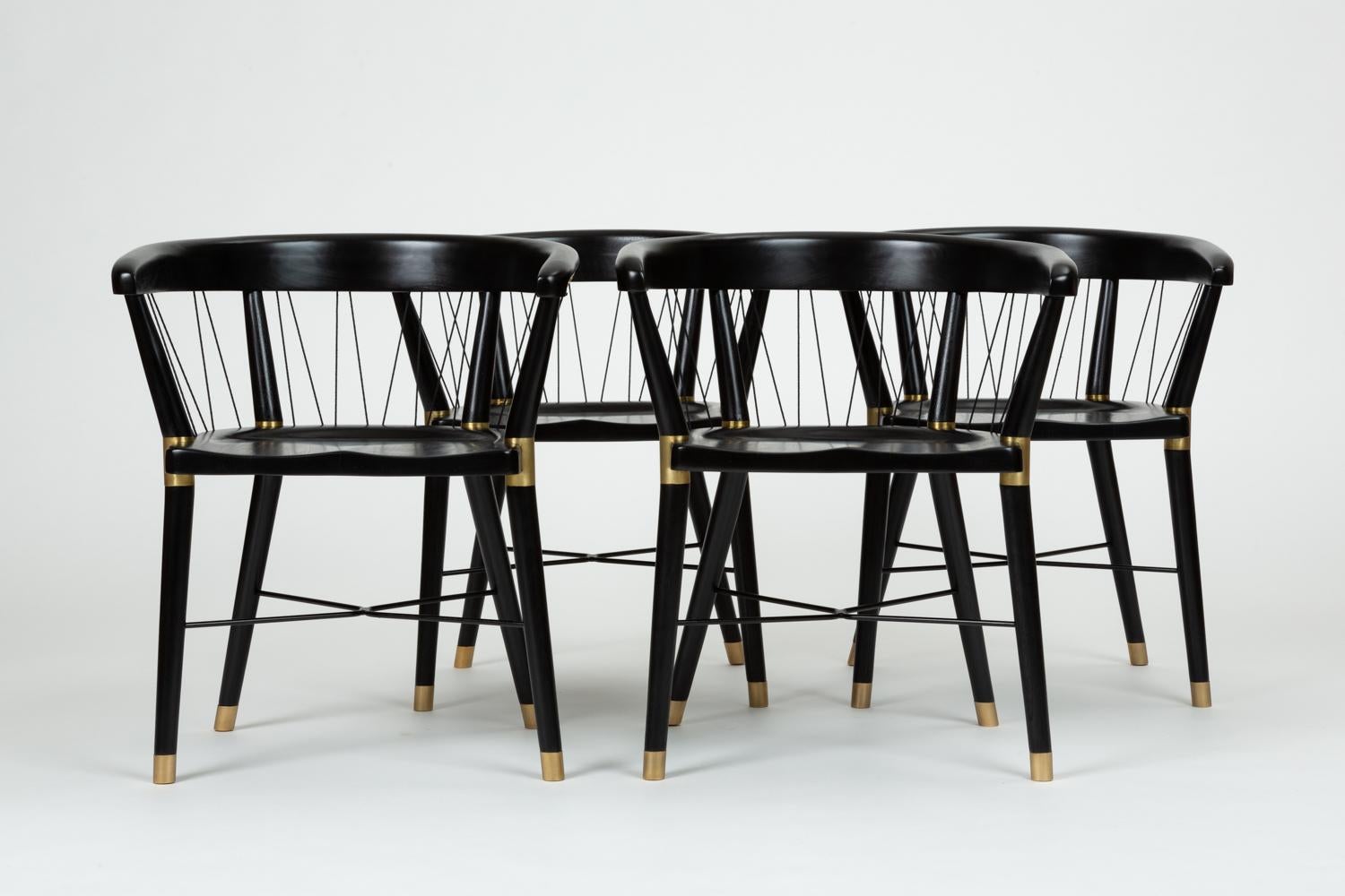 Set of Eight Ebonized Dining Chairs with String Detail 9