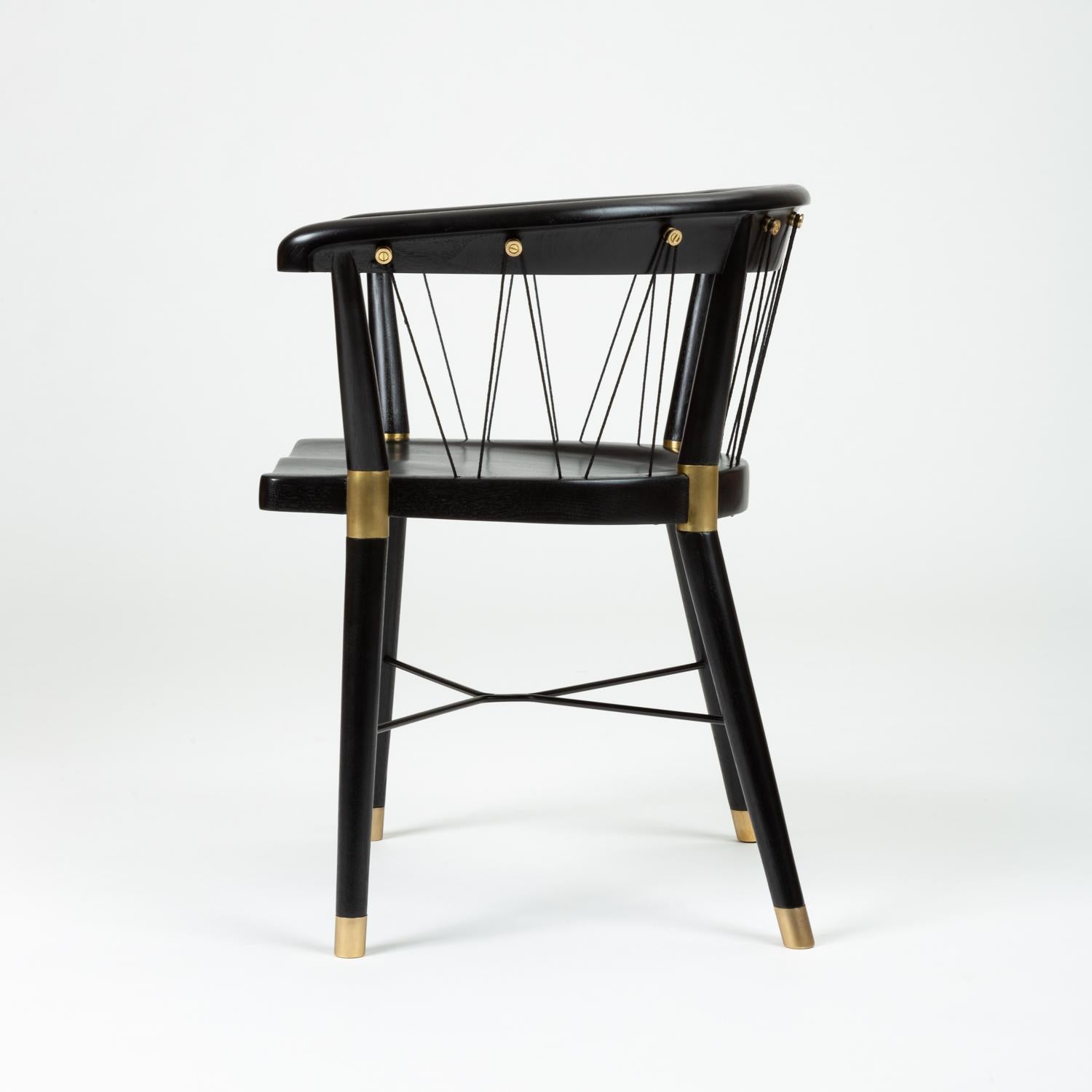 Brass Set of Eight Ebonized Dining Chairs with String Detail