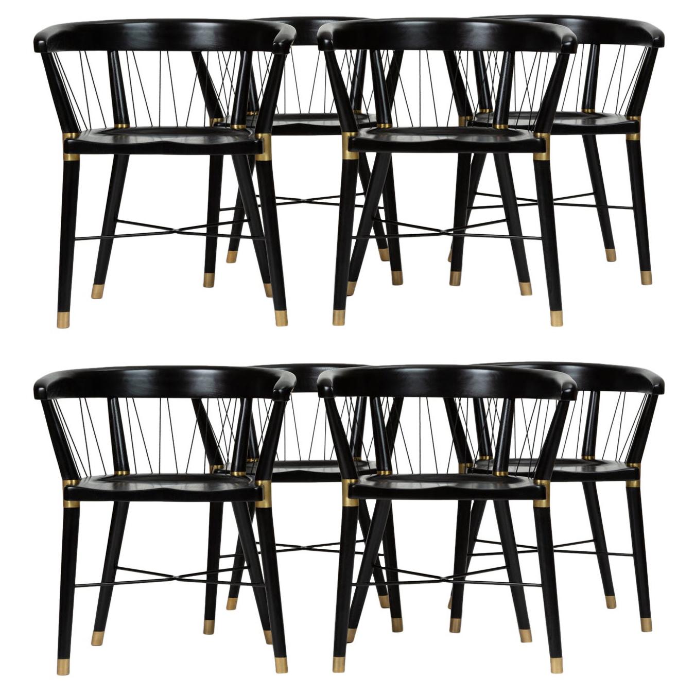 Set of Eight Ebonized Dining Chairs with String Detail