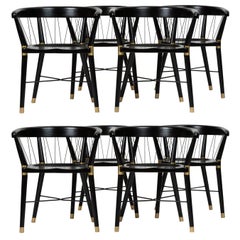 Set of Eight Ebonized Dining Chairs with String Detail