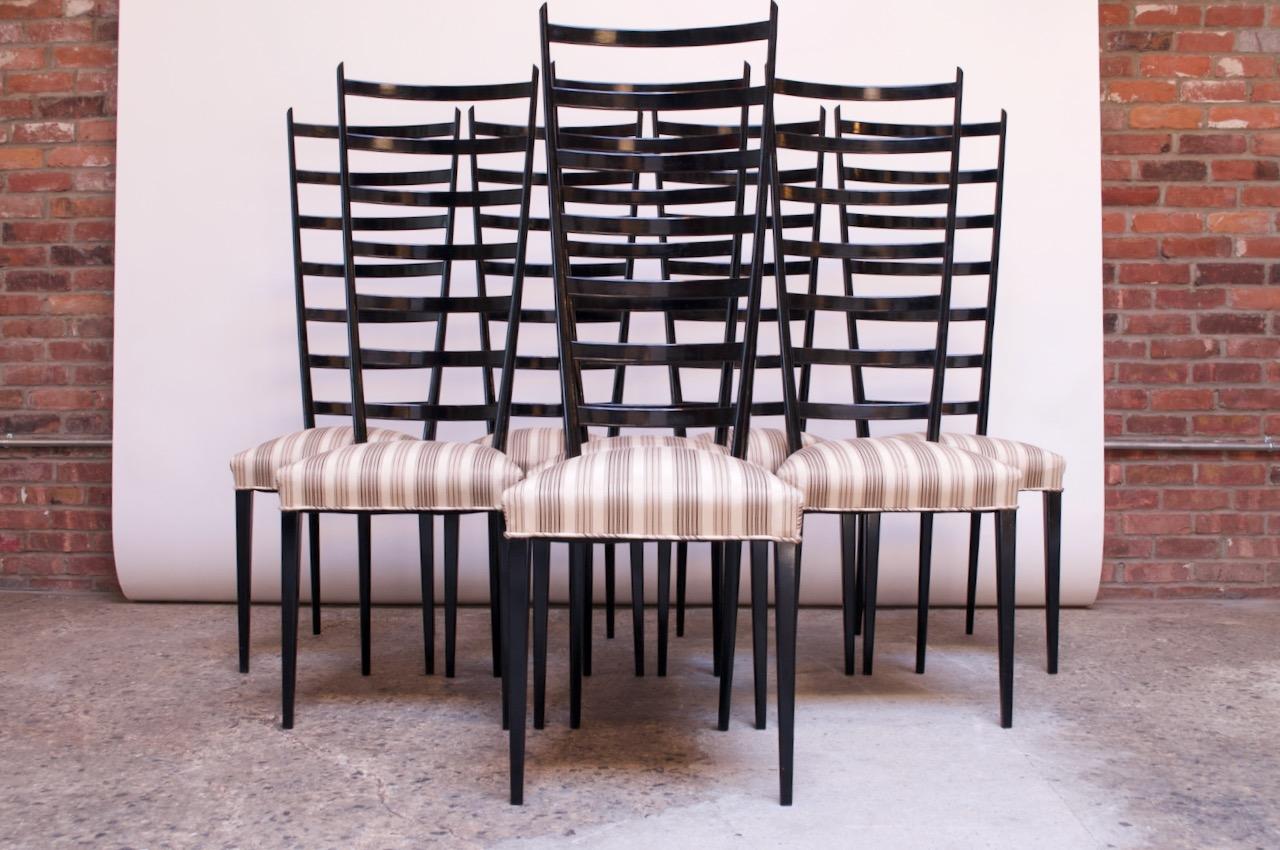 Mid-Century Modern Set of Eight Ebonized Midcentury Italian Modern Tall Ladder Back Dining Chairs