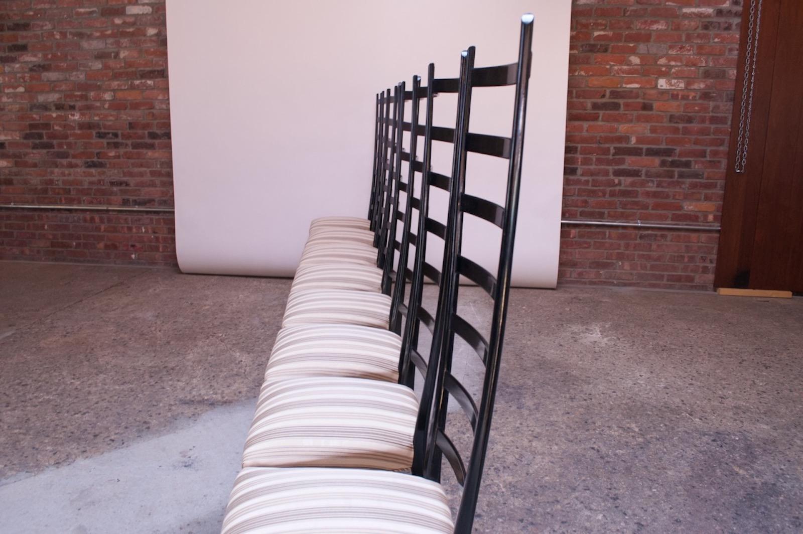 Upholstery Set of Eight Ebonized Midcentury Italian Modern Tall Ladder Back Dining Chairs