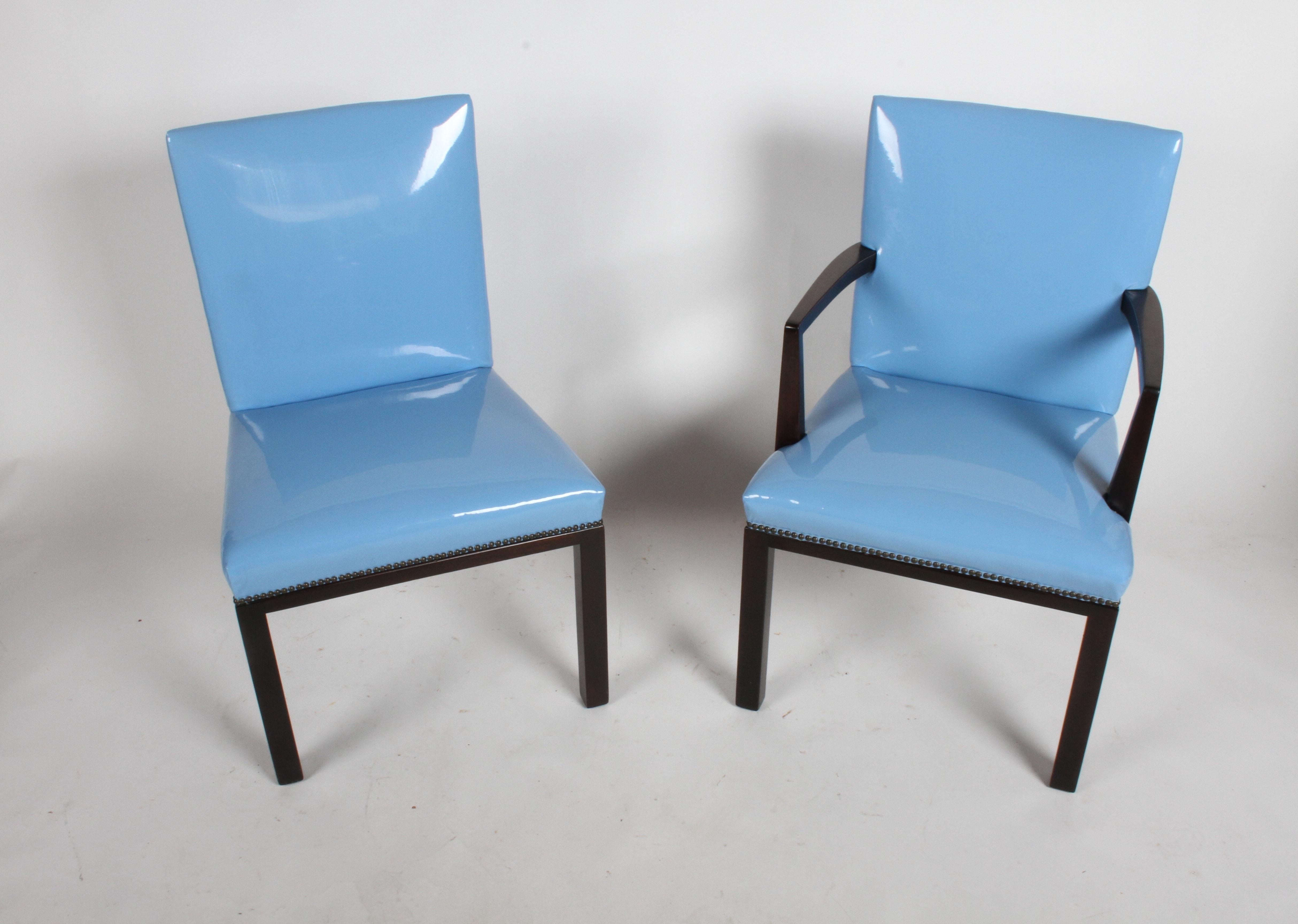 Amazing set of eight Edward J. Wormley for Dunbar dining chairs from one owner estate. All original set, includes dark mahogany frames with blue high quality vinyl seats. There are no tears or rips to upholstery, there are scuffs to legs, expected