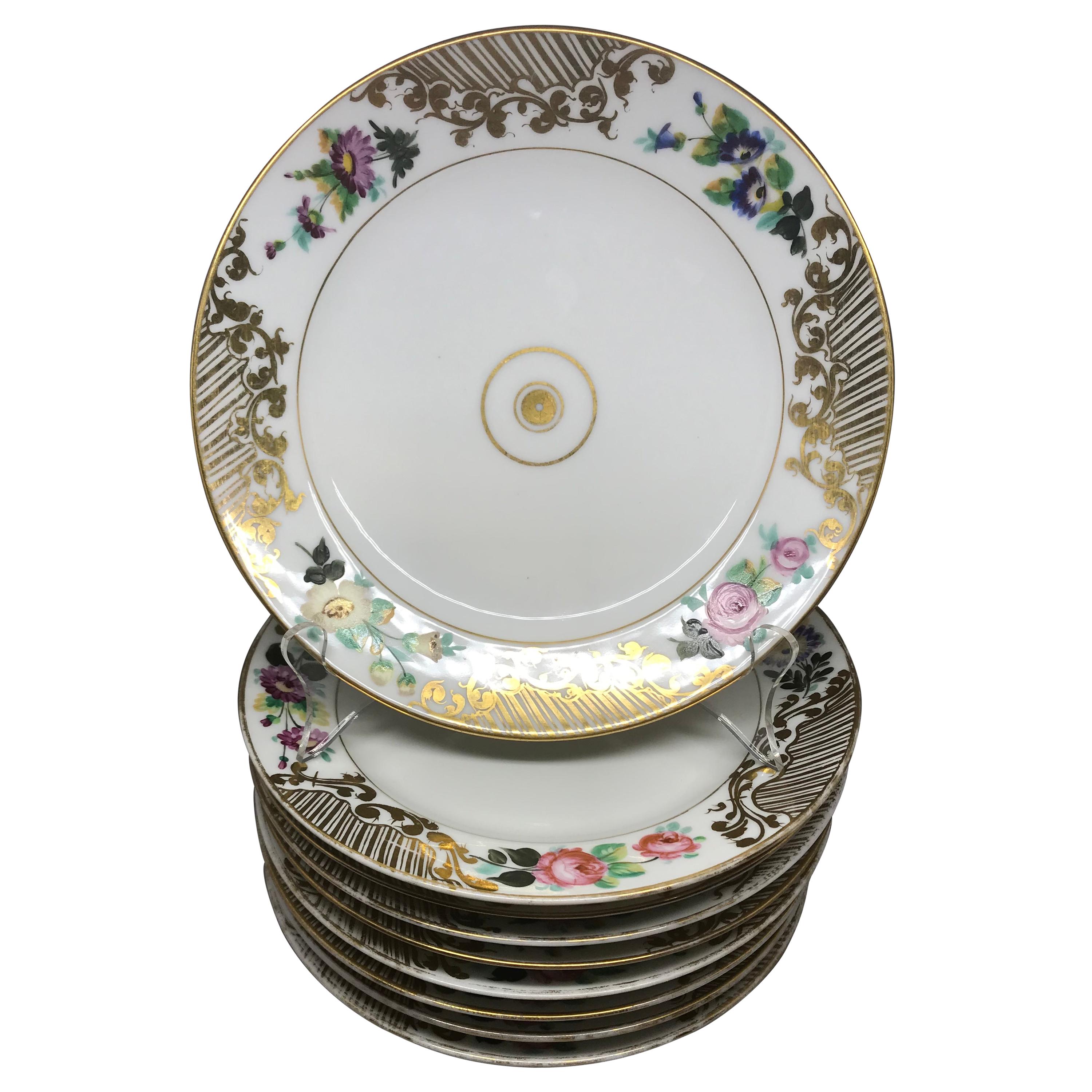 Set of Eight Empire Floral and Gilt Decorated Plates For Sale