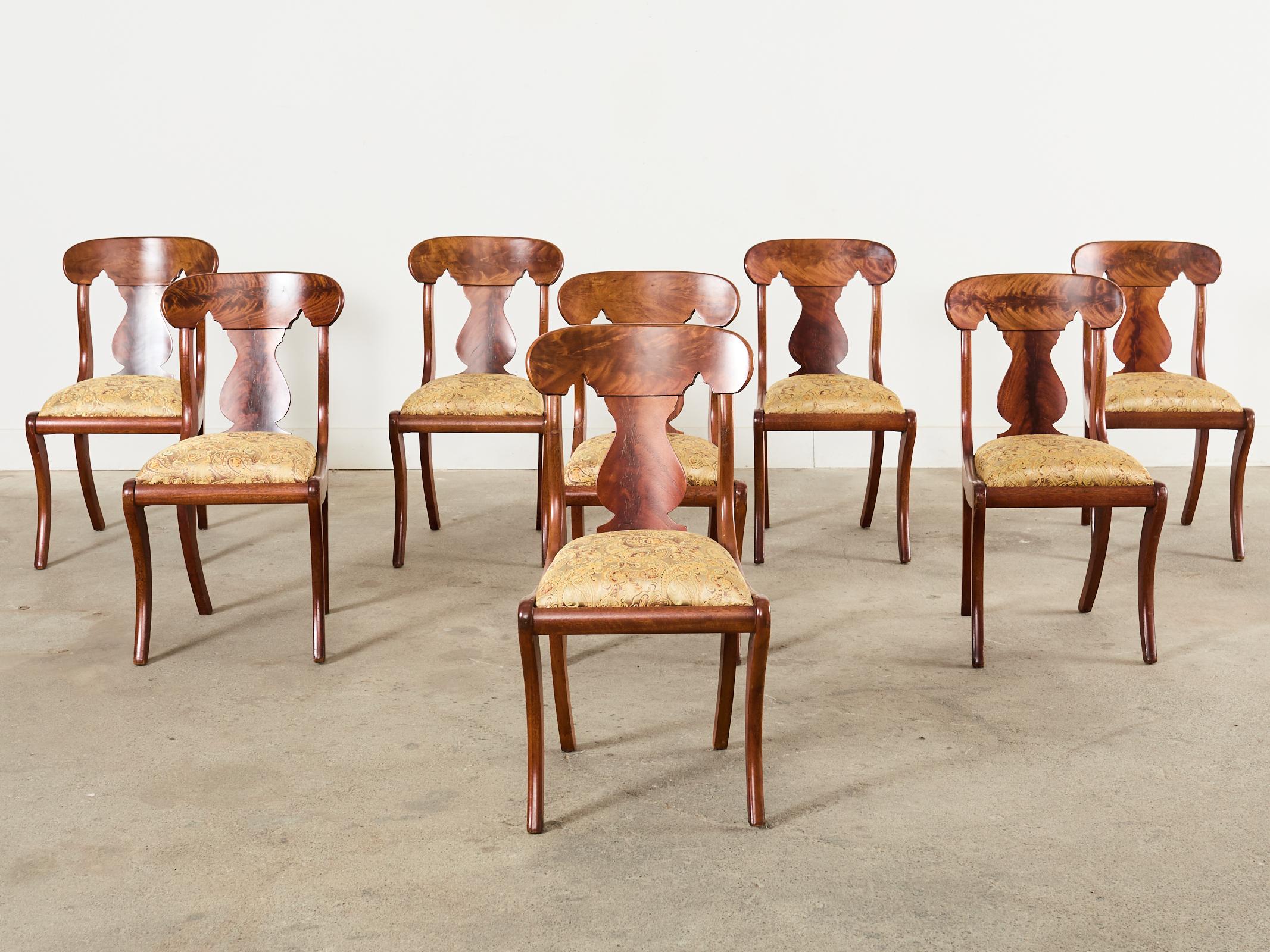 French Set of Eight Empire Style Flame Mahogany Dining Chairs For Sale