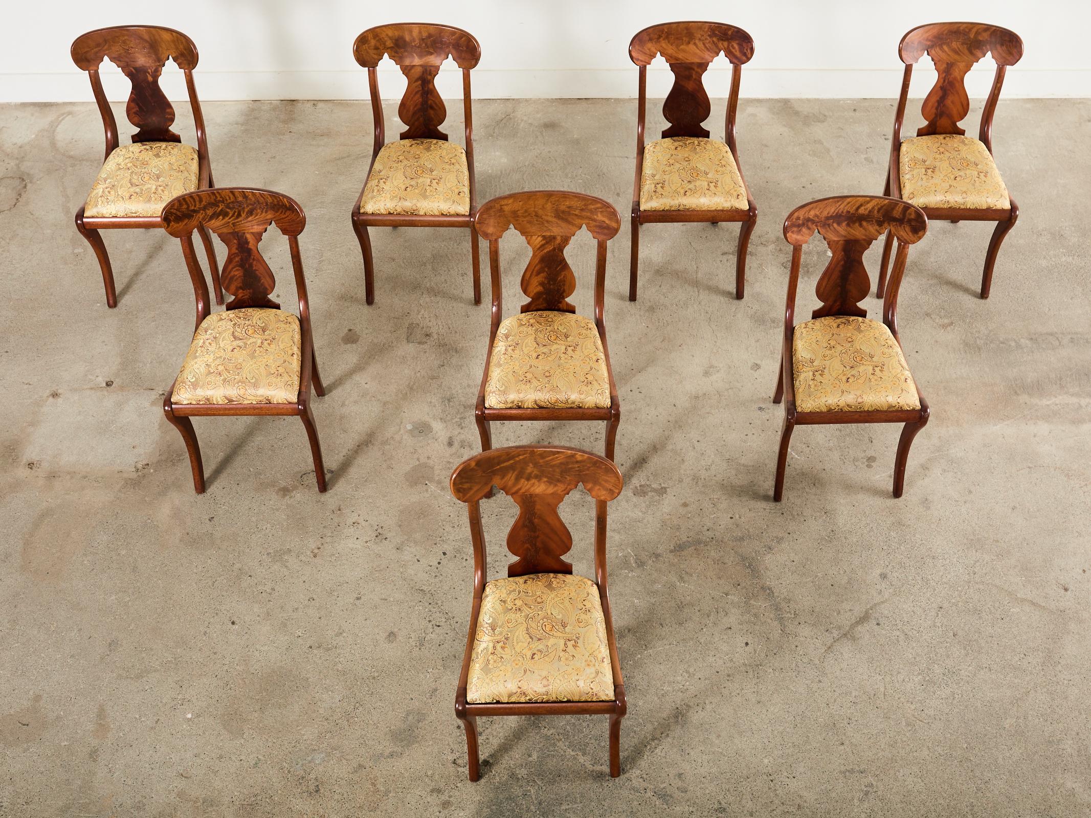 Veneer Set of Eight Empire Style Flame Mahogany Dining Chairs