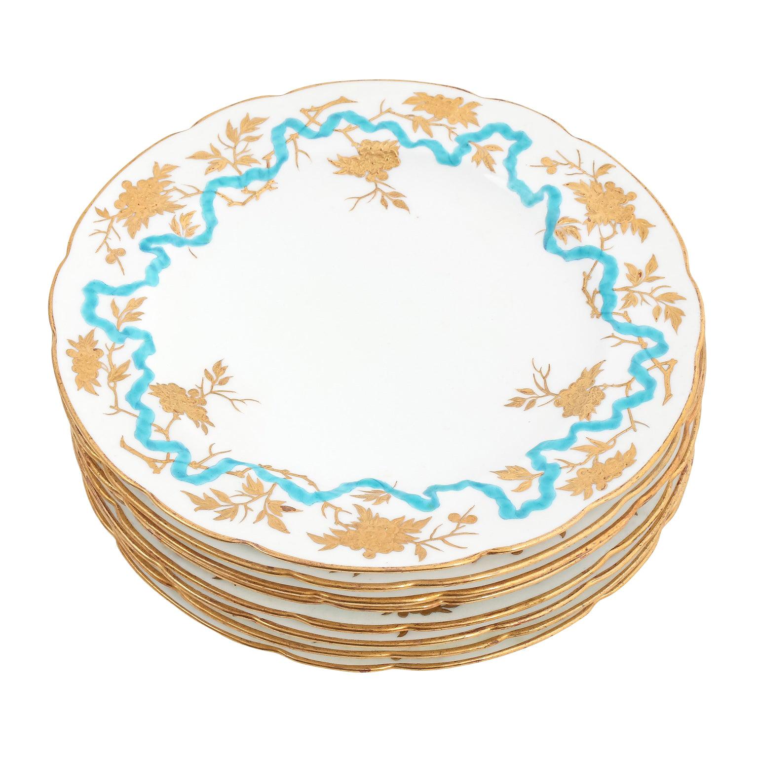 Set of Eight Enamel Gilt Flower Minton Dinner Luncheon Plates for D.B