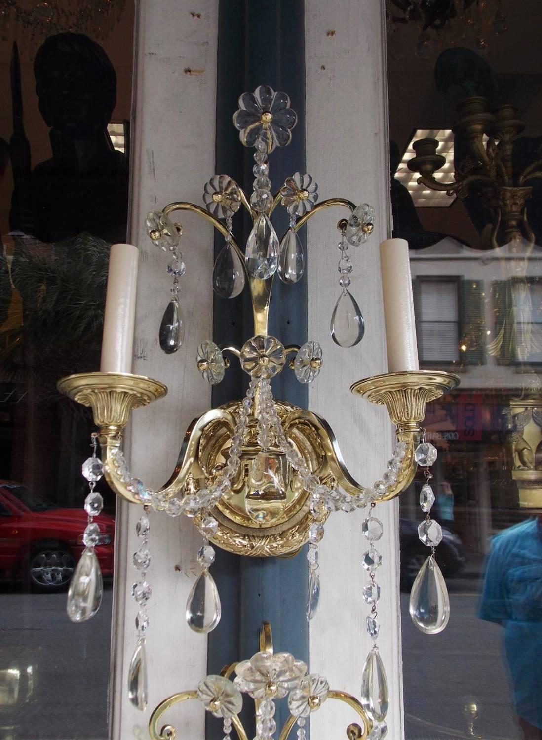 Hand-Crafted Set of Eight English Brass and Crystal Two-Arm Floral Wall Sconces, Circa 1840 For Sale
