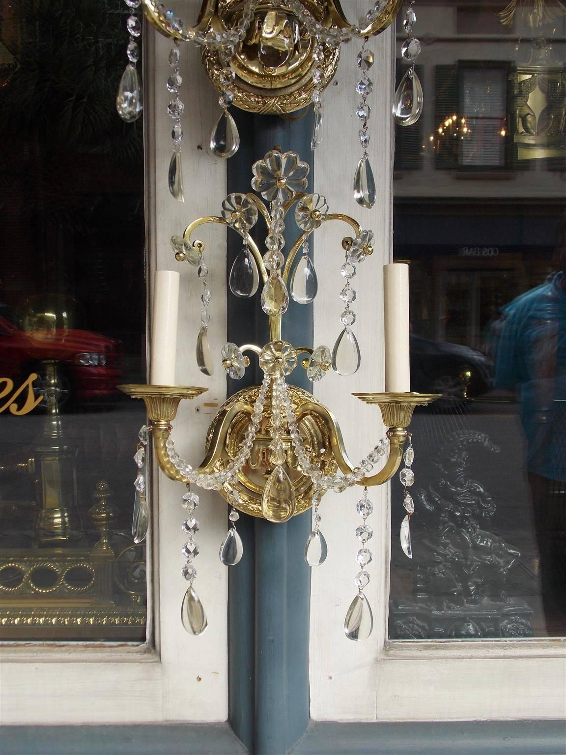 Set of Eight English Brass and Crystal Two-Arm Floral Wall Sconces, Circa 1840 In Excellent Condition For Sale In Hollywood, SC