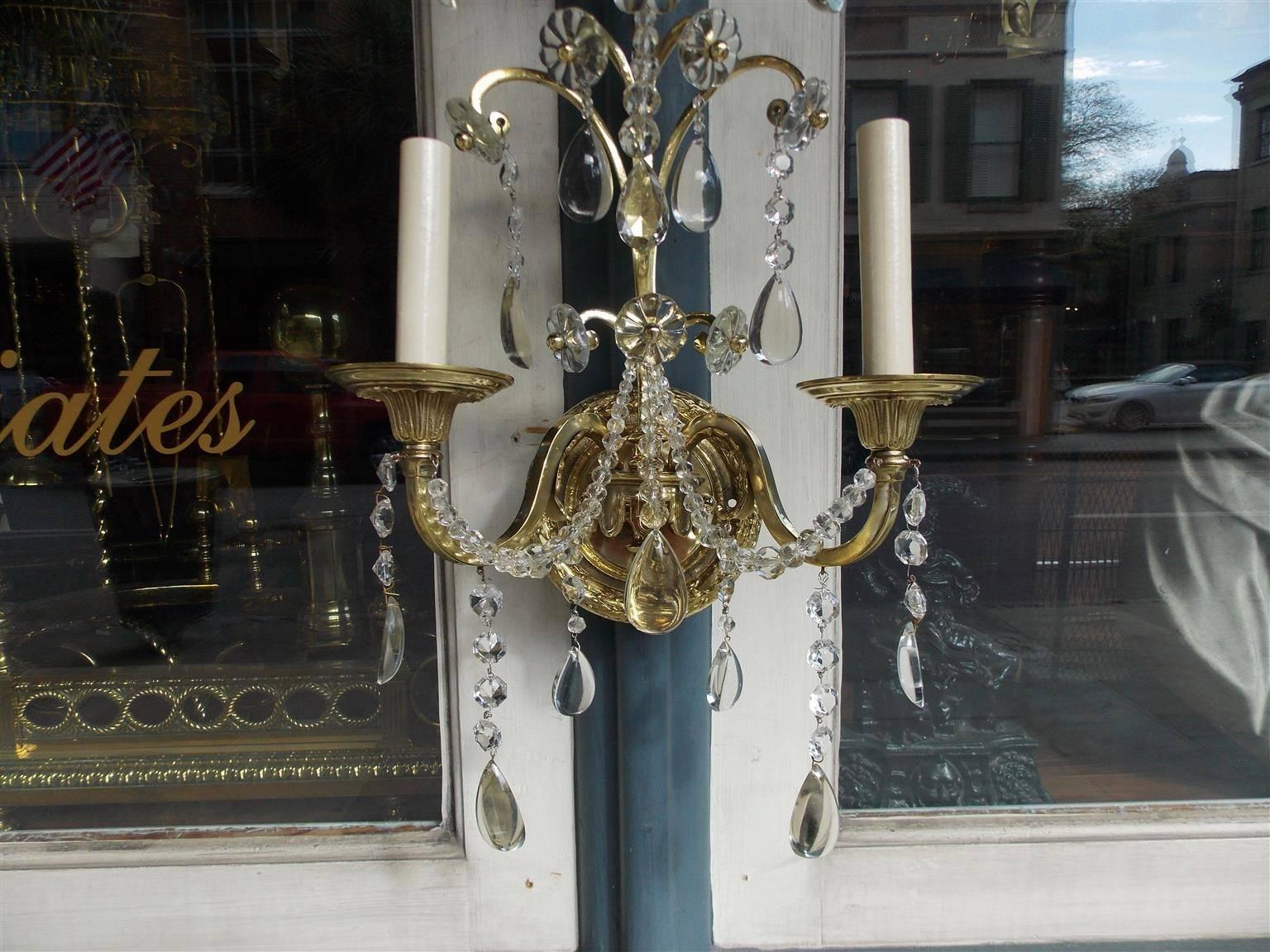 Set of Eight English Brass and Crystal Two-Arm Floral Wall Sconces, Circa 1840 For Sale 2