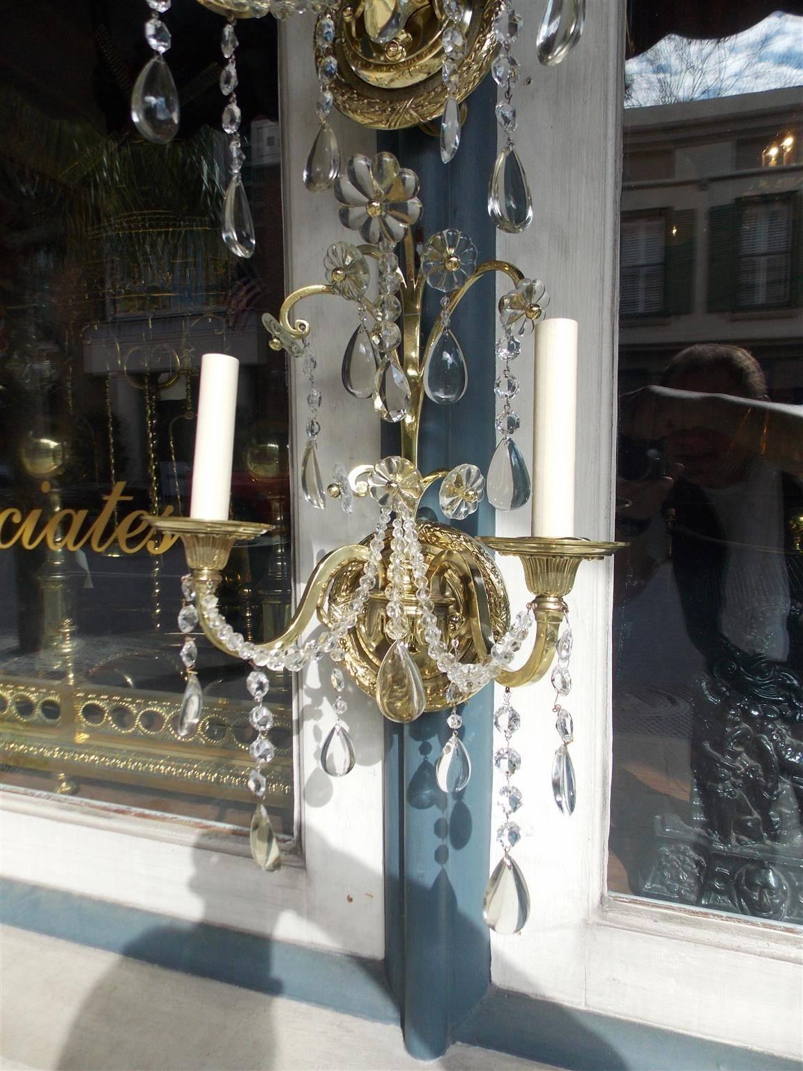 Set of Eight English Brass and Crystal Two-Arm Floral Wall Sconces, Circa 1840 For Sale 3