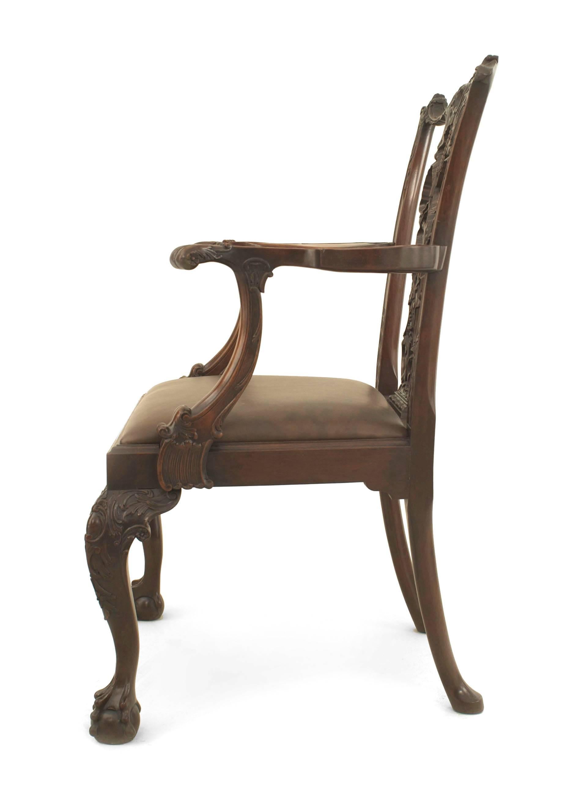 19th Century Set of 8 English Chippendale Brown Leather Chairs For Sale