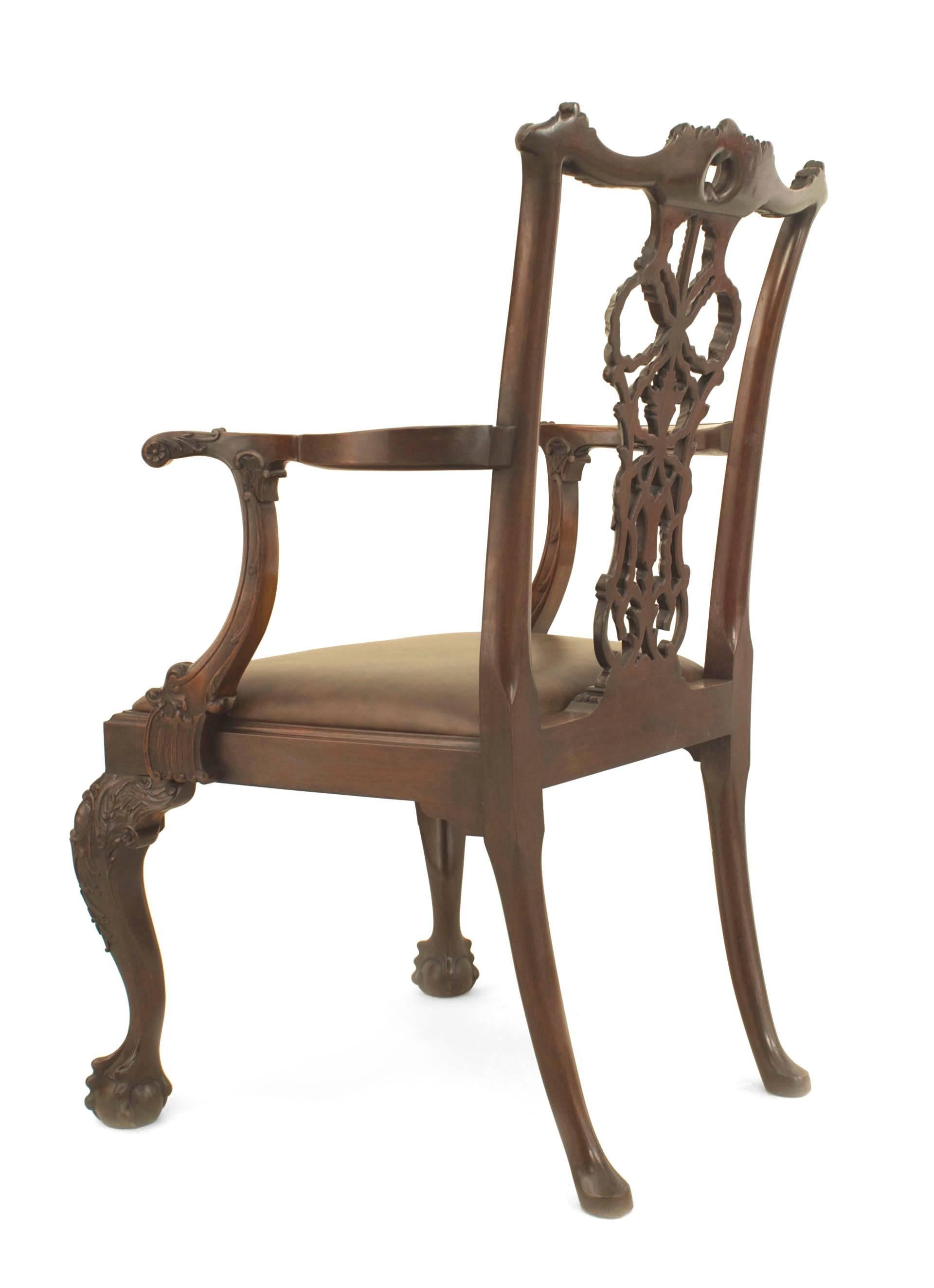 XIXe siècle Ensemble de 8 chaises anglaises Chippendale en cuir marron en vente