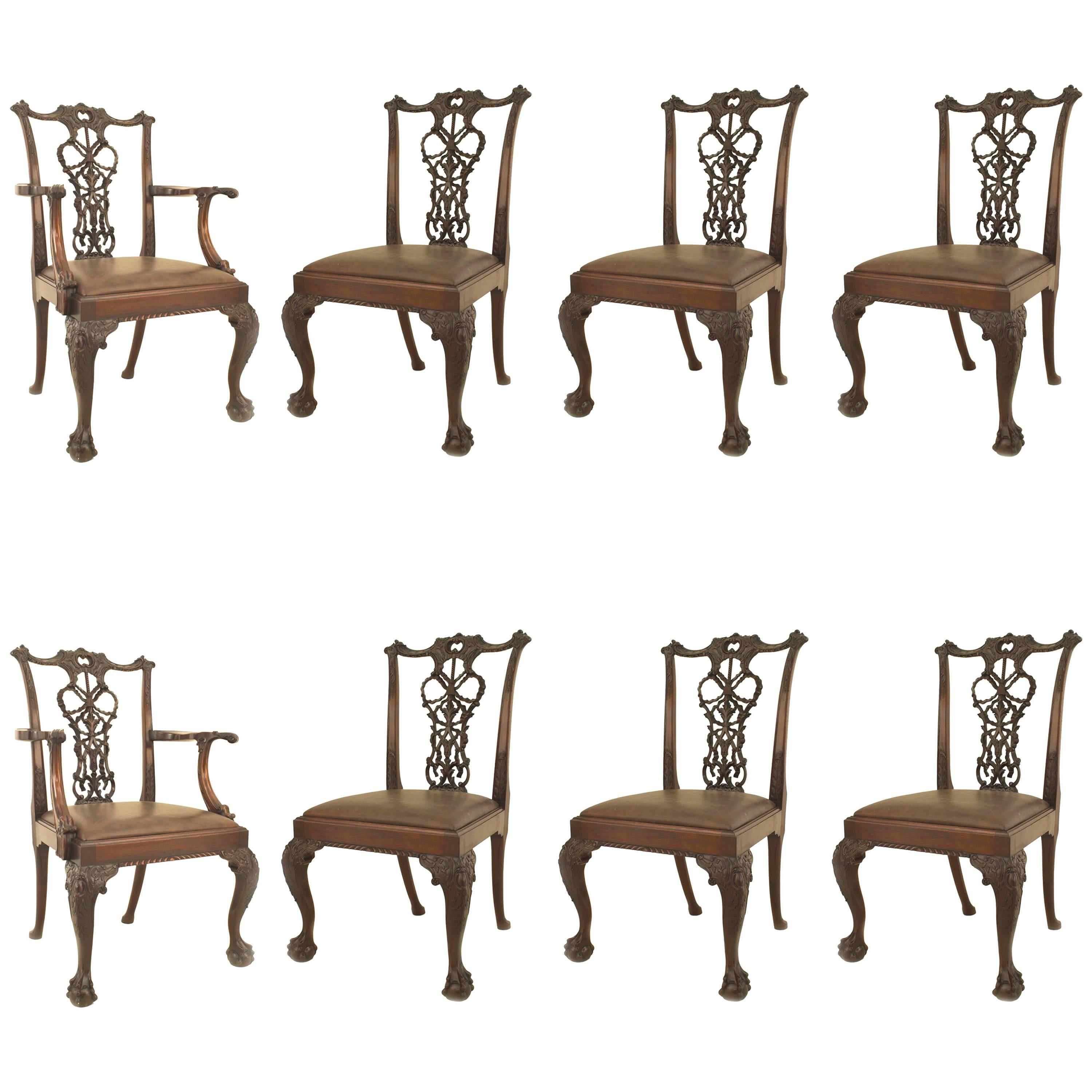 Set of 8 English Chippendale Brown Leather Chairs For Sale