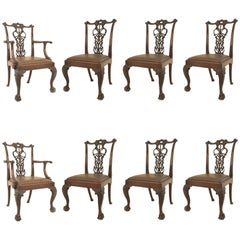 Set of 8 English Chippendale Brown Leather Chairs