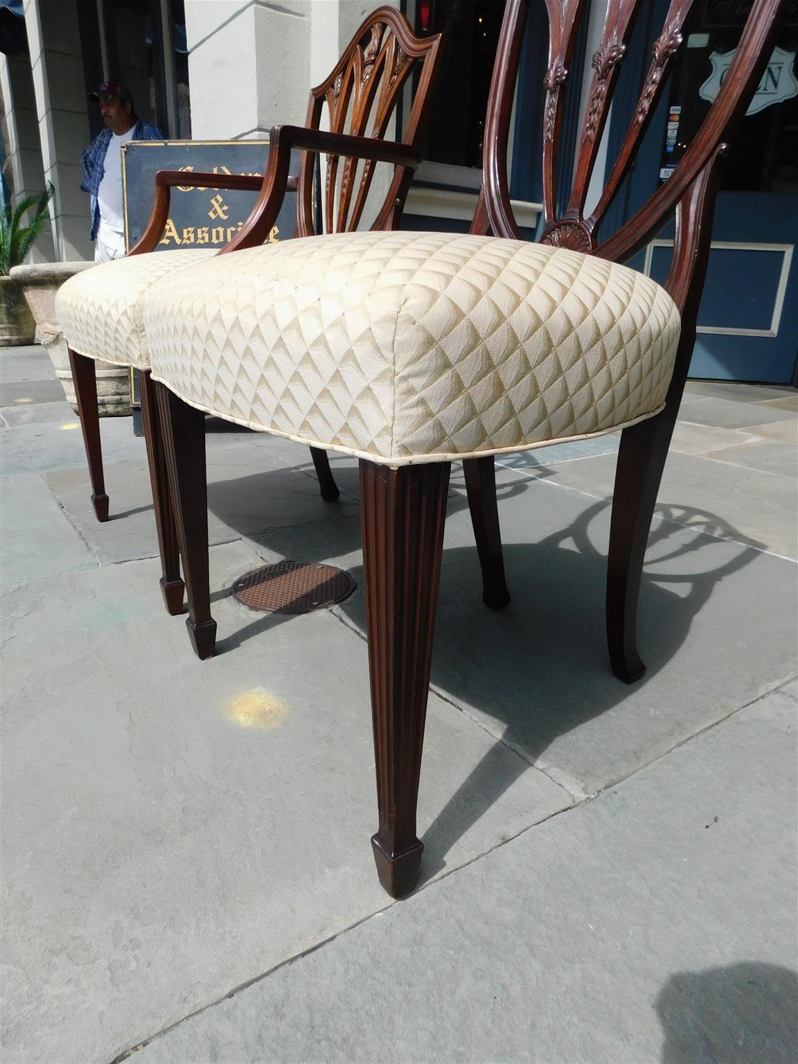 Upholstery Set of Eight English Hepplewhite Mahogany Shield Back Dining Room Chairs C. 1840