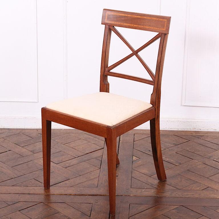 Set of Eight English Inlaid Mahogany Sheraton Style Dining Chairs In Good Condition In Vancouver, British Columbia