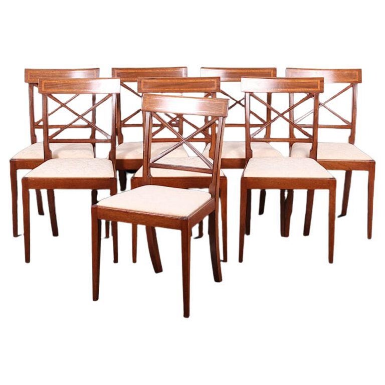 Set of Eight English Inlaid Mahogany Sheraton Style Dining Chairs