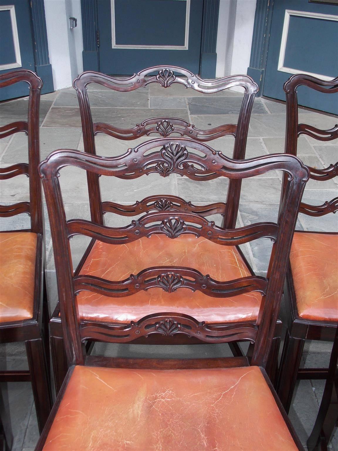 Set of Eight English Mahogany Chippendale Style Ladder Back Chairs, Circa 1850 4