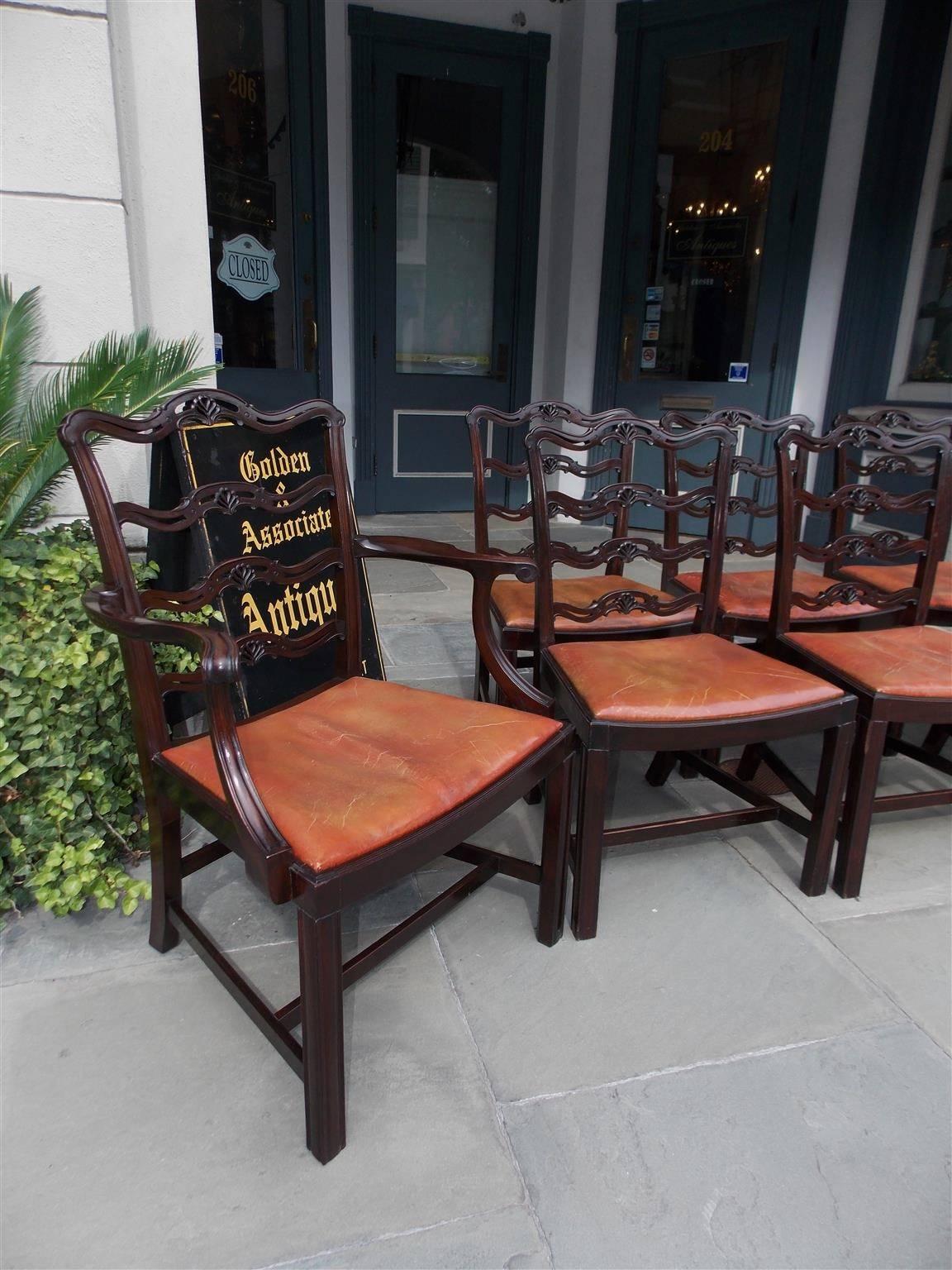 Hand-Carved Set of Eight English Mahogany Chippendale Style Ladder Back Chairs, Circa 1850