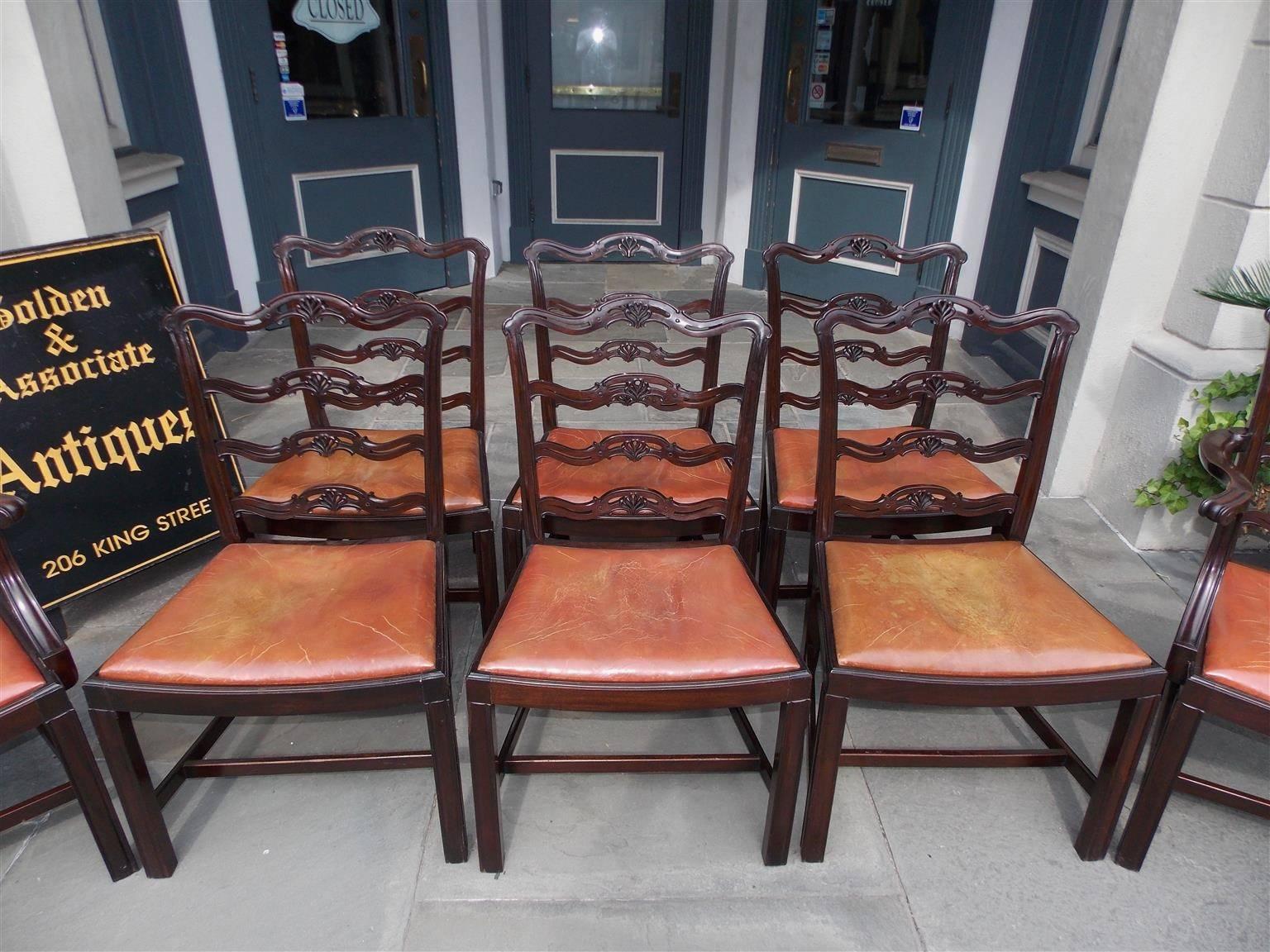 Leather Set of Eight English Mahogany Chippendale Style Ladder Back Chairs, Circa 1850