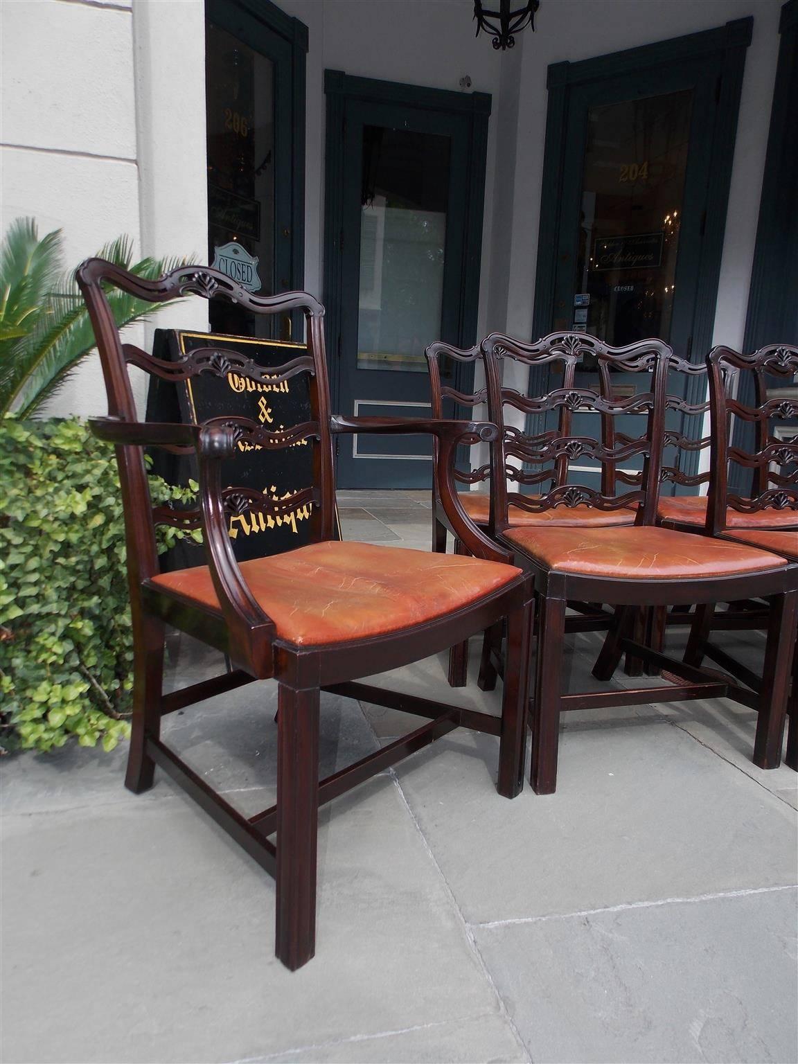 Set of Eight English Mahogany Chippendale Style Ladder Back Chairs, Circa 1850 2