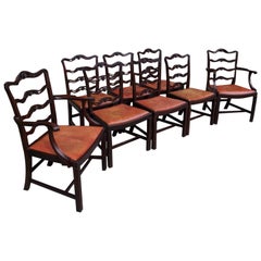 Antique Set of Eight English Mahogany Chippendale Style Ladder Back Chairs, Circa 1850