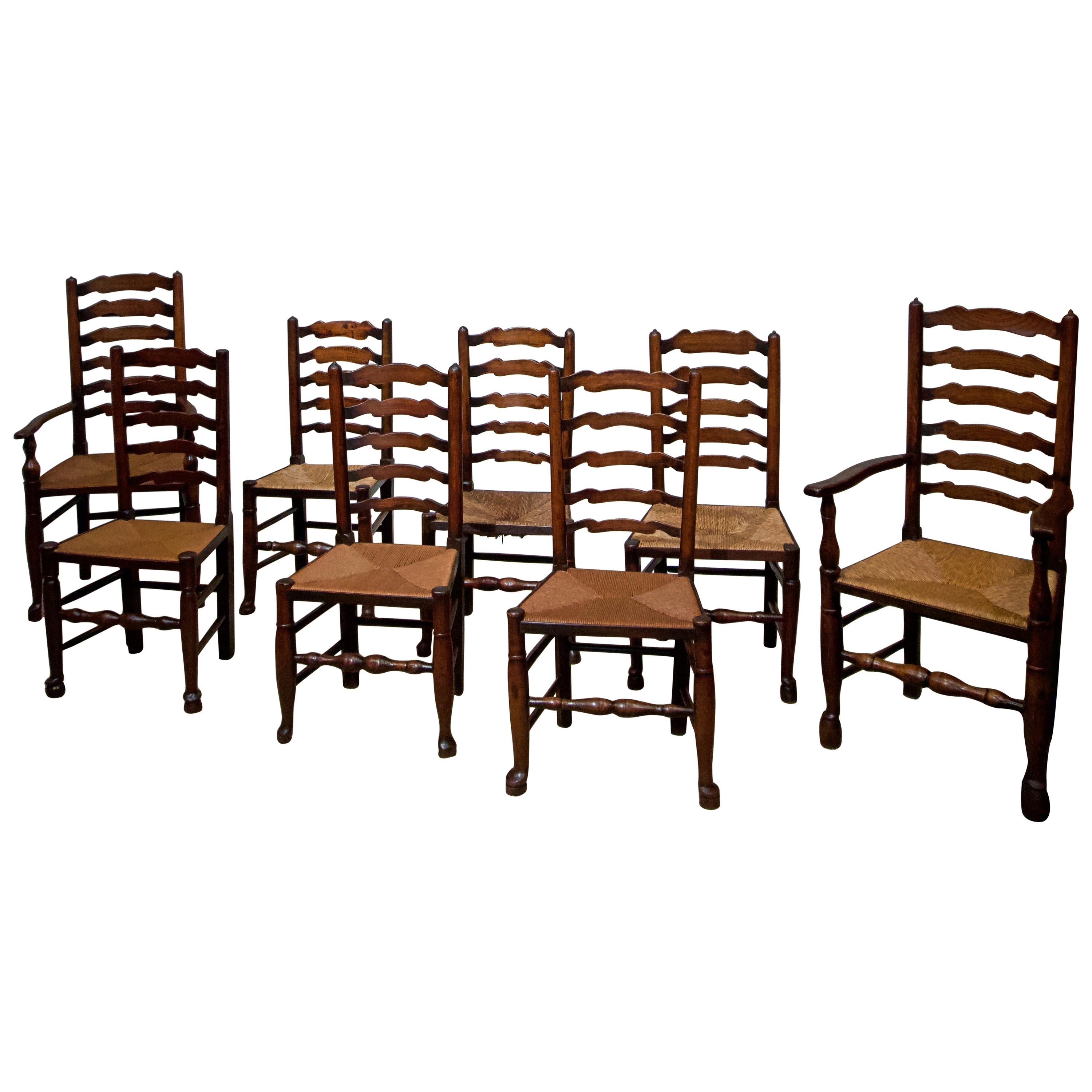 Set of Eight English Oak Ladder Back Chairs with Rush Seats