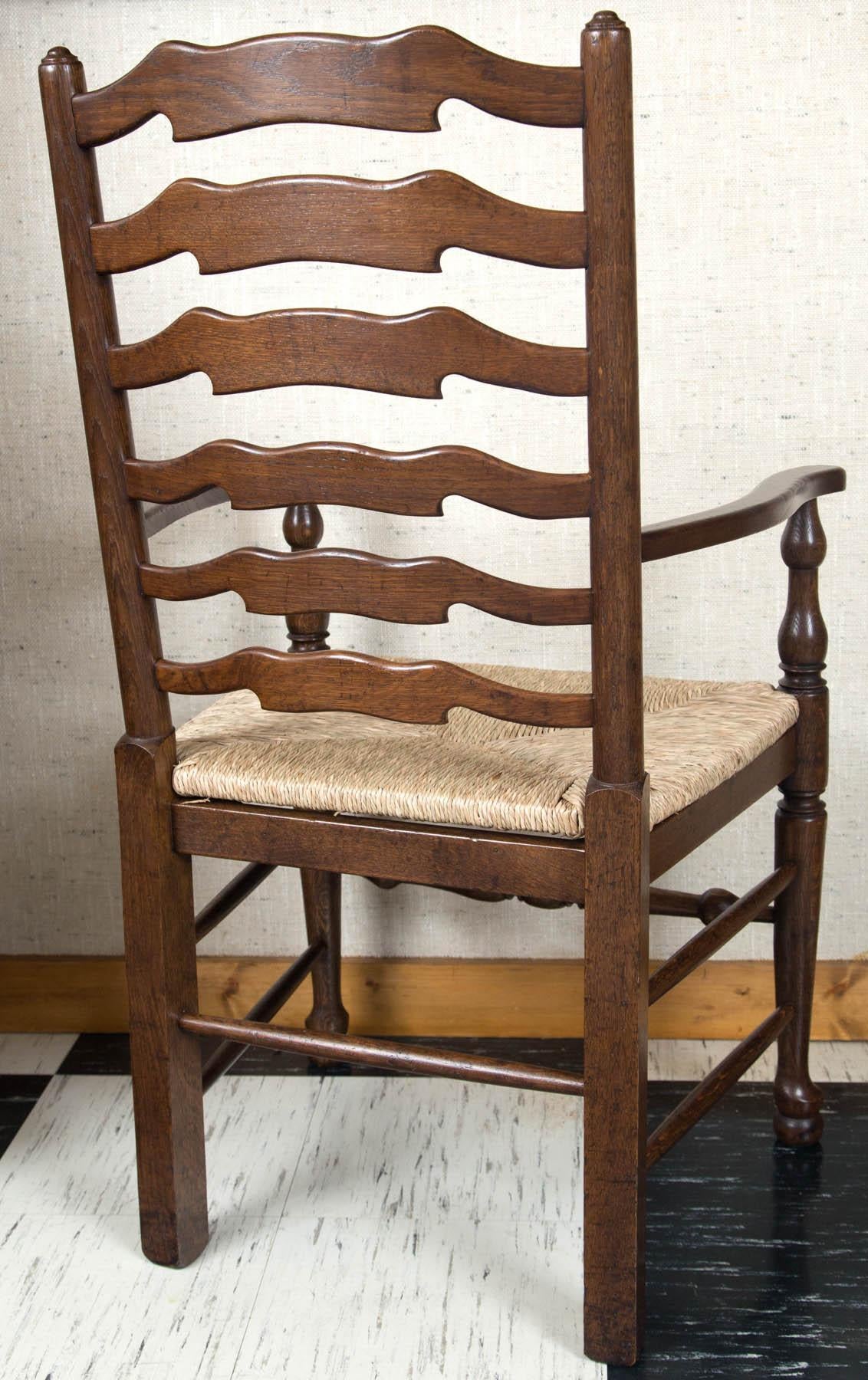 Custom Set of Eight English Oak Wavy Ladder Back Chairs with Rush Seats For Sale 1