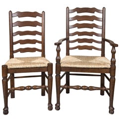 Vintage Custom Set of Eight English Oak Wavy Ladder Back Chairs with Rush Seats