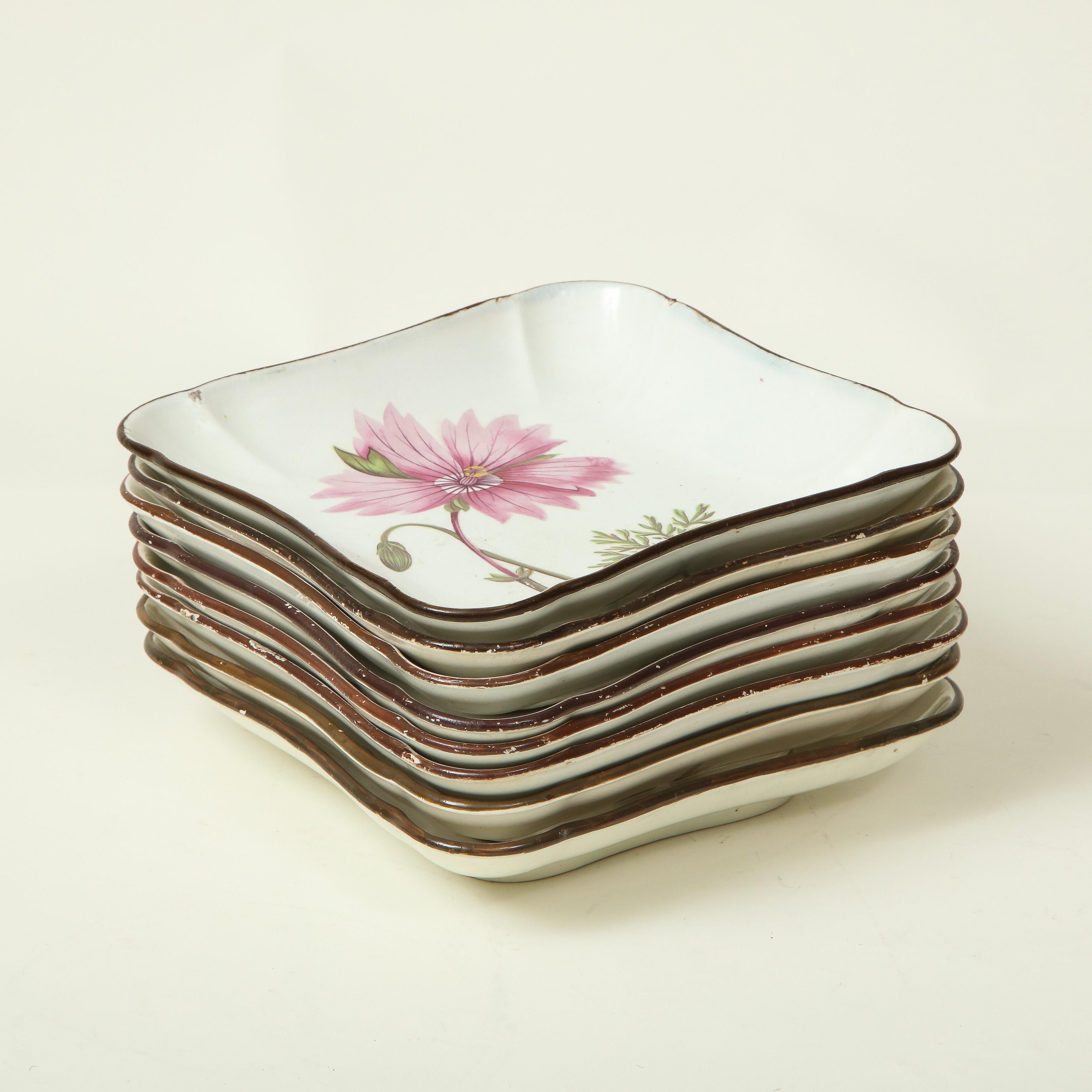 Regency Set of Eight English Pearlware Botanical Square Dishes For Sale