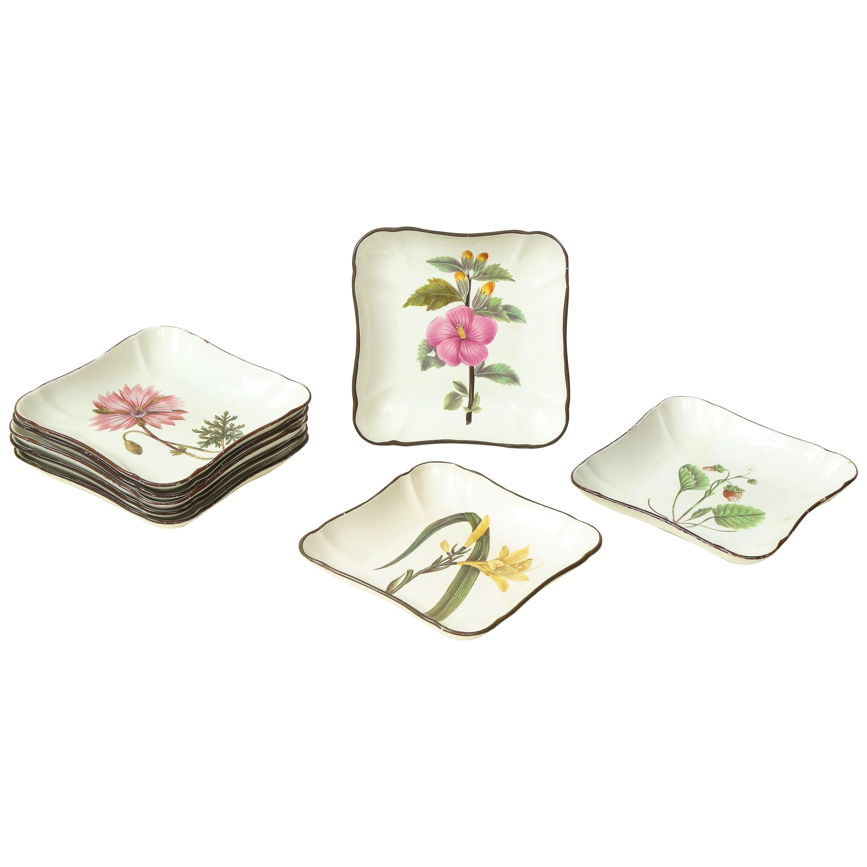Set of Eight English Pearlware Botanical Square Dishes For Sale