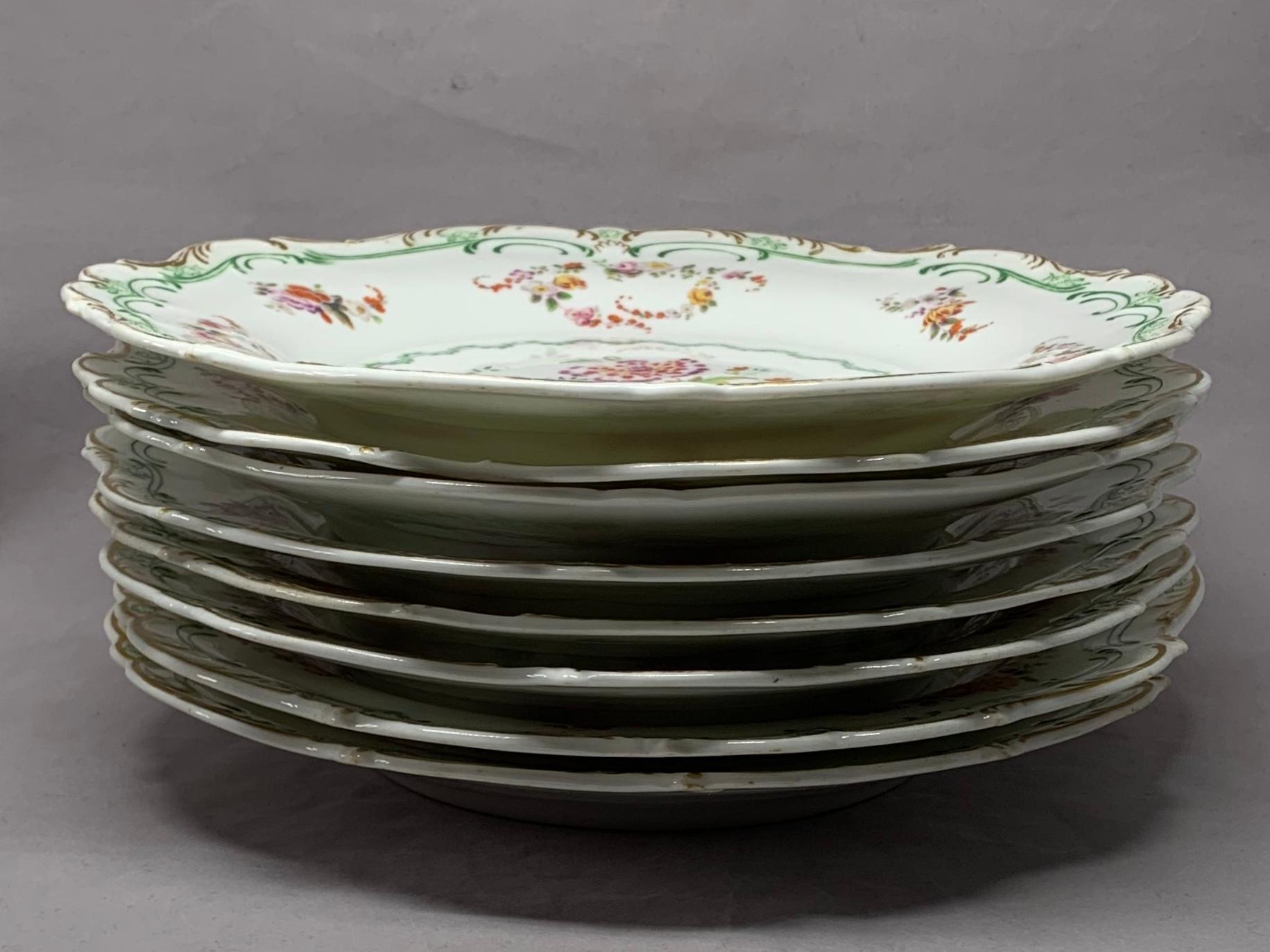 Set of Eight Green and Gilt Banded Floral Plates  5