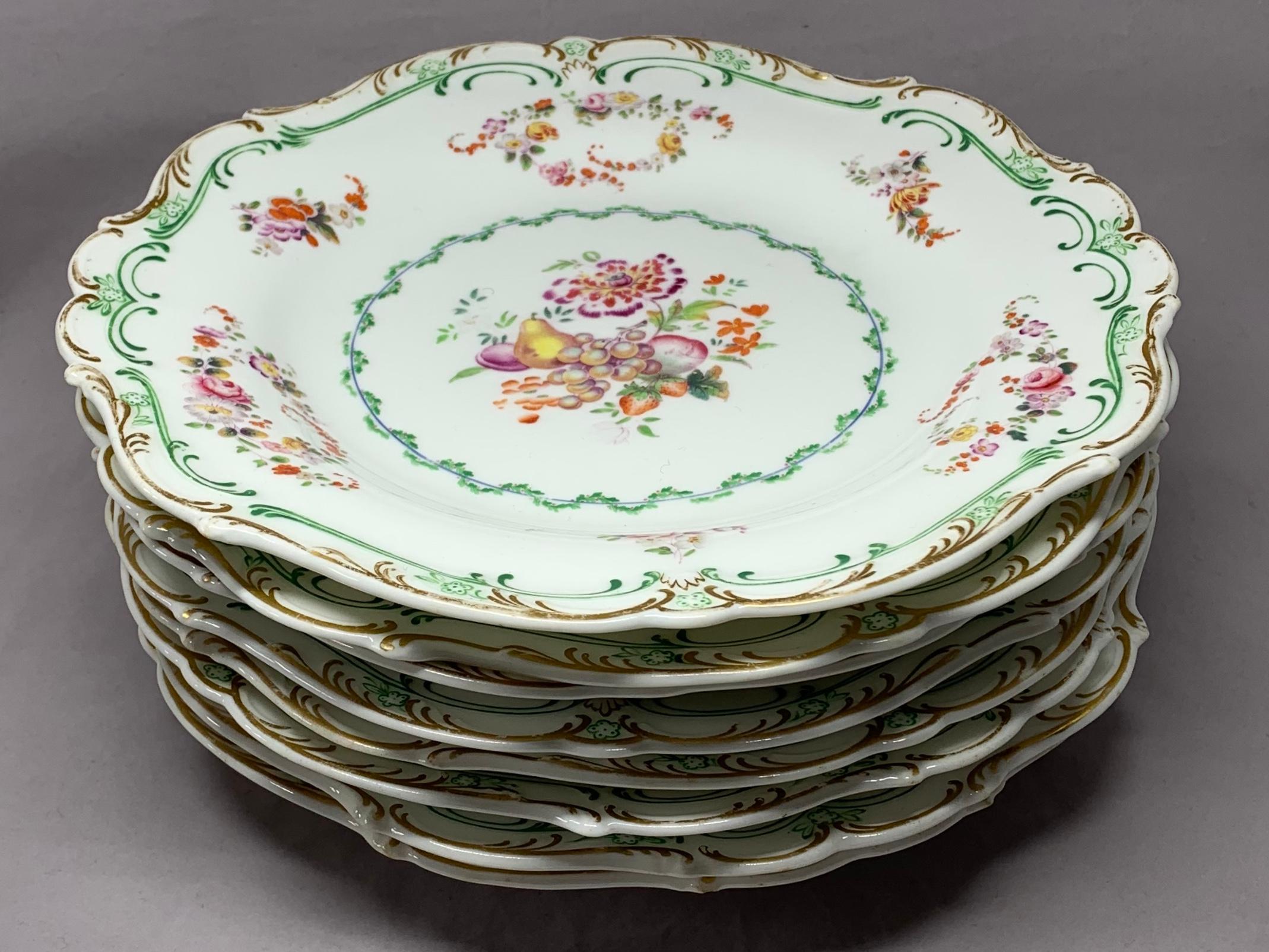 Set of Eight Green and Gilt Banded Floral Plates  6