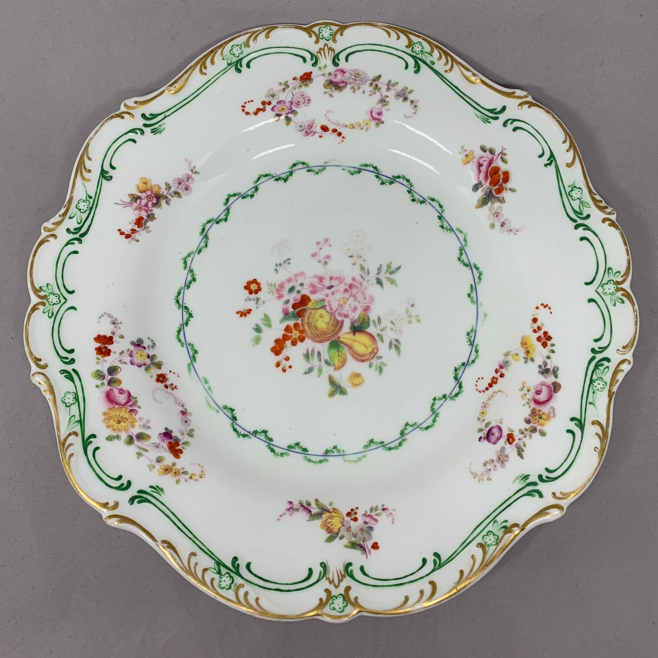 English Set of Eight Green and Gilt Banded Floral Plates 