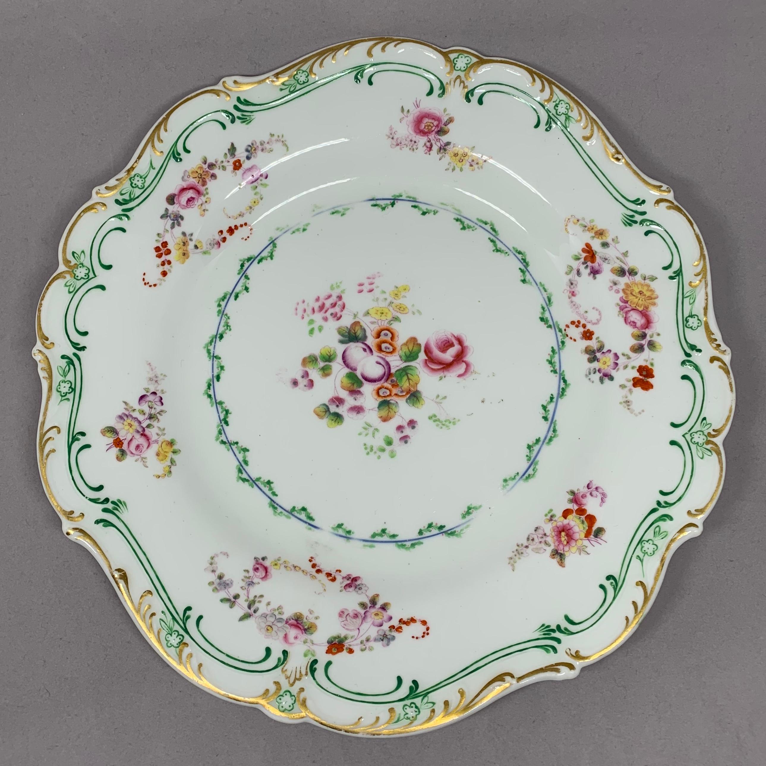 Set of Eight Green and Gilt Banded Floral Plates  In Good Condition In New York, NY