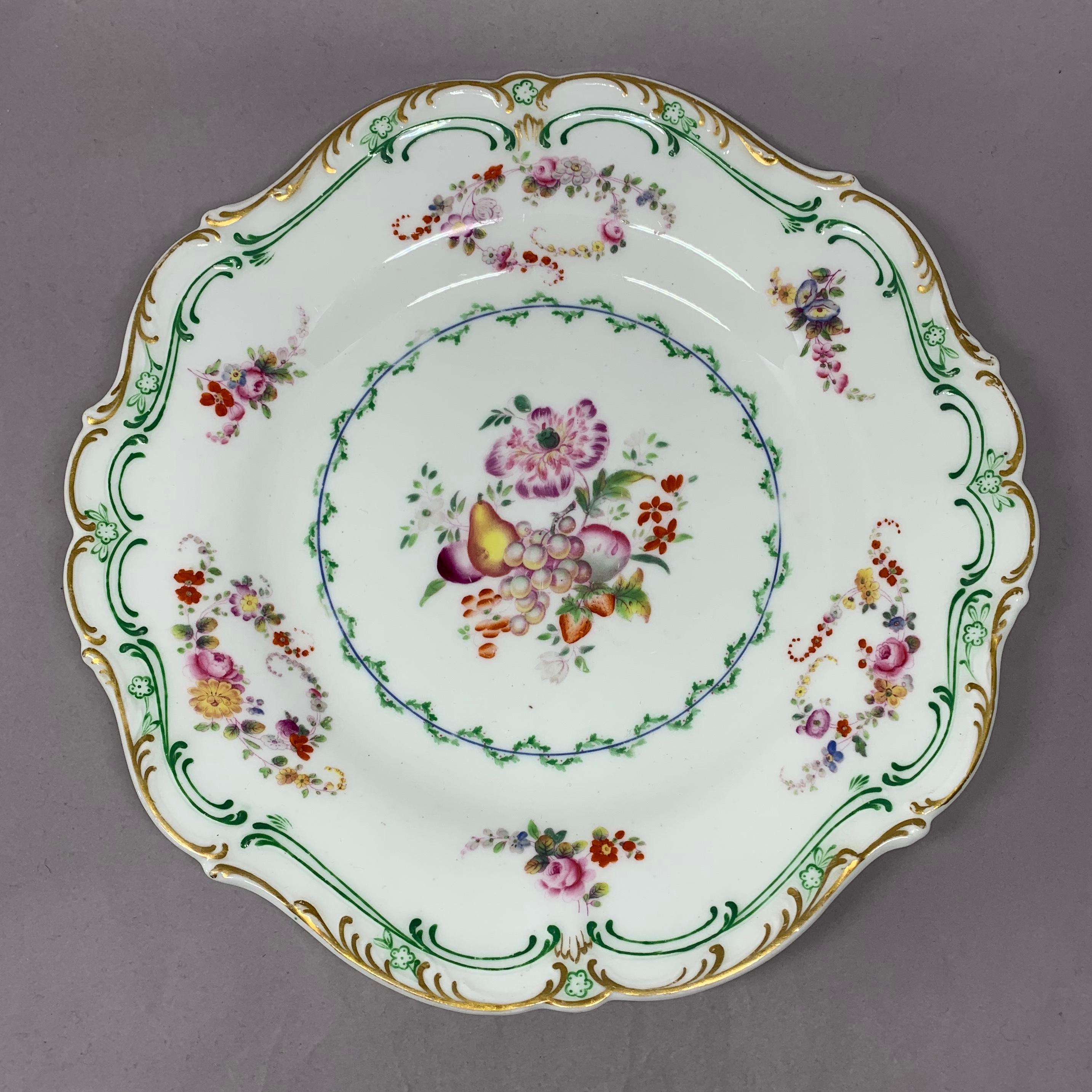 19th Century Set of Eight Green and Gilt Banded Floral Plates 