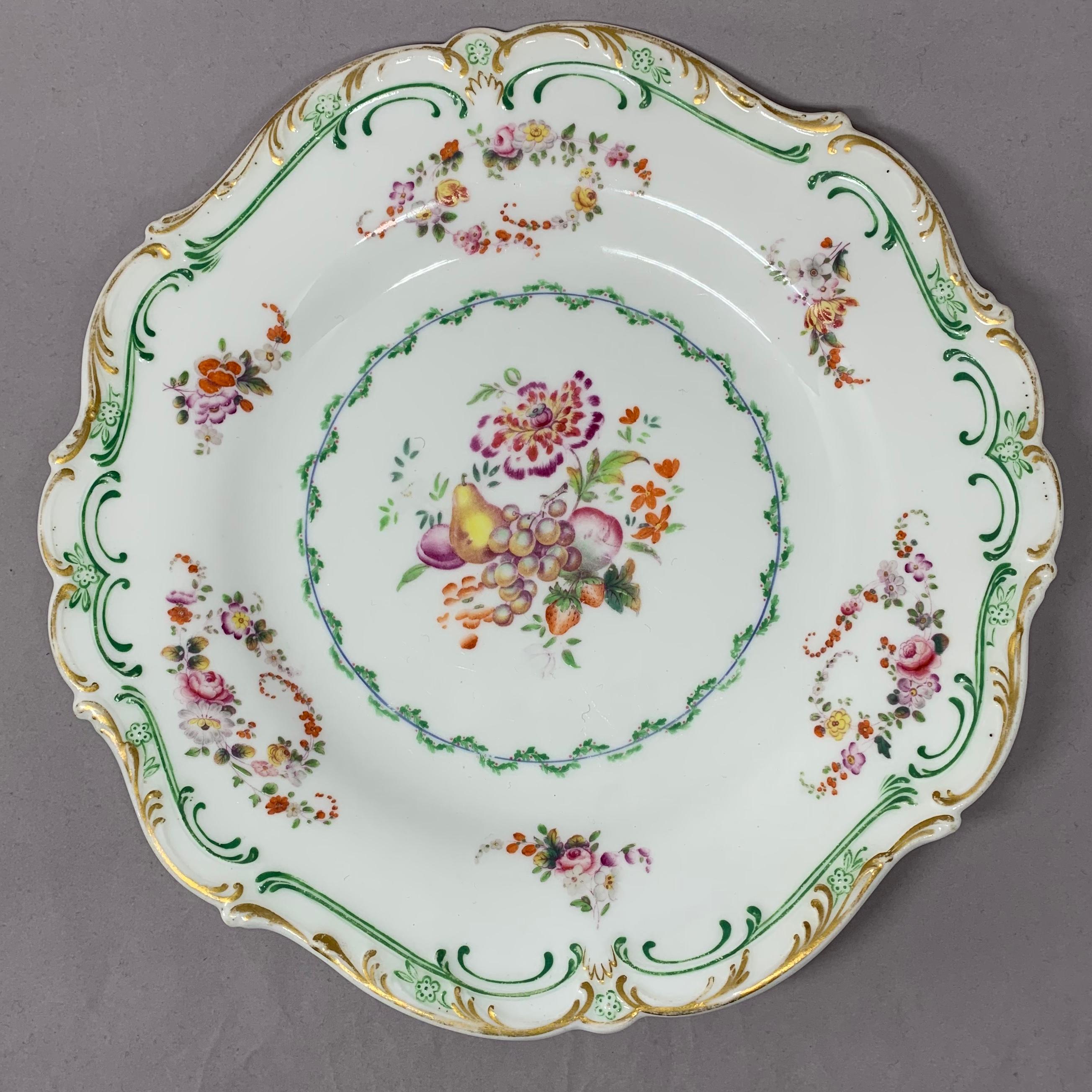 Porcelain Set of Eight Green and Gilt Banded Floral Plates 