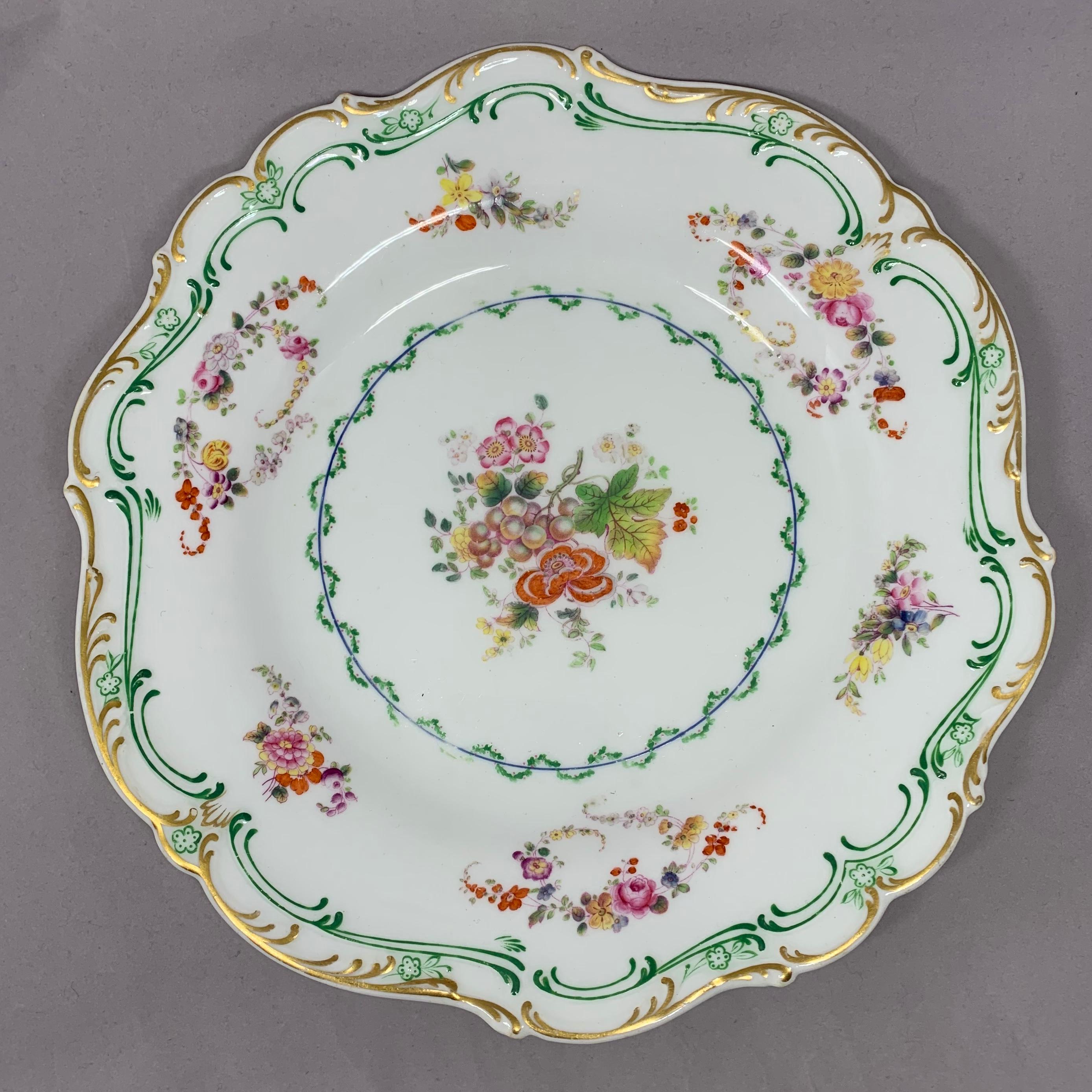 Set of Eight Green and Gilt Banded Floral Plates  1