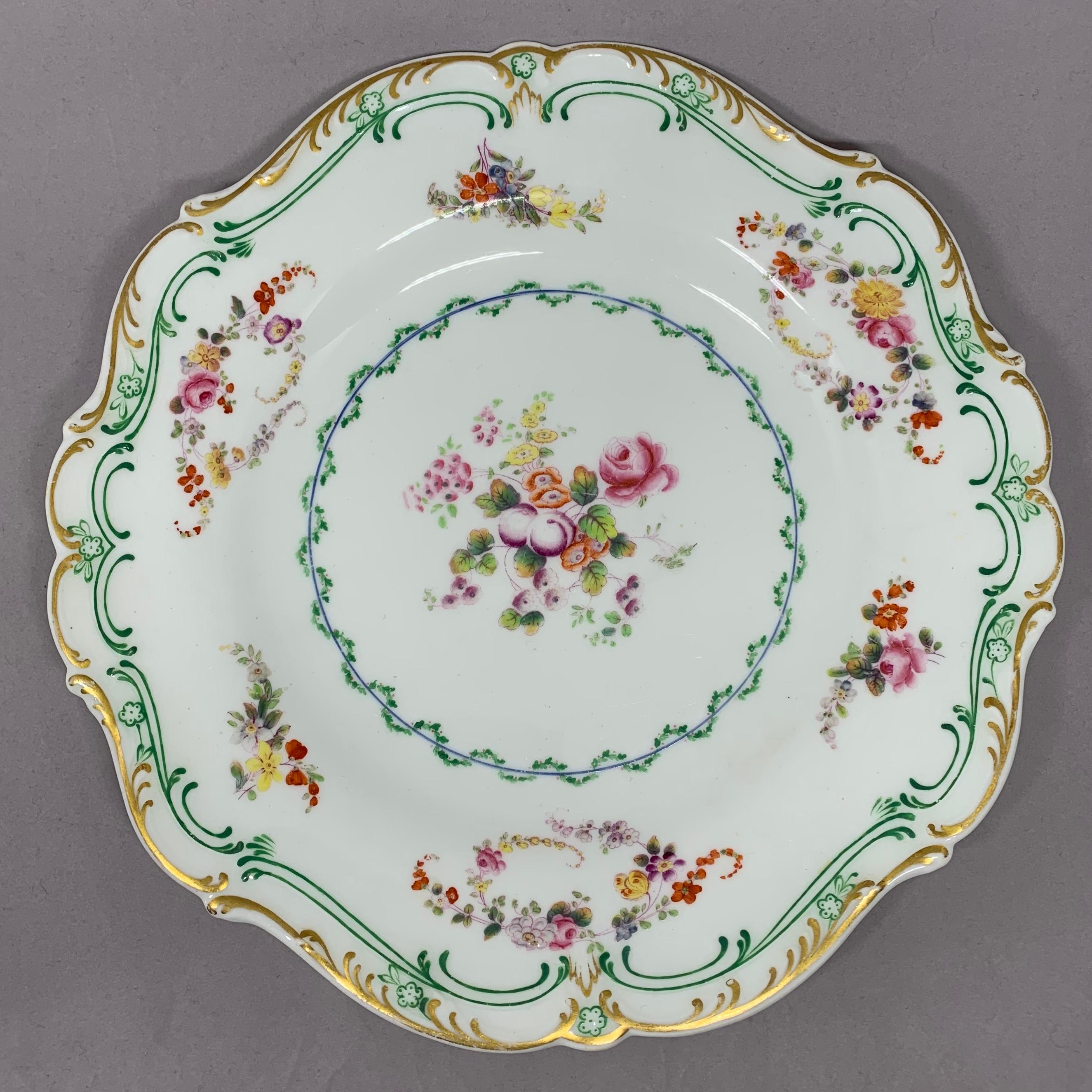 Set of Eight Green and Gilt Banded Floral Plates  2