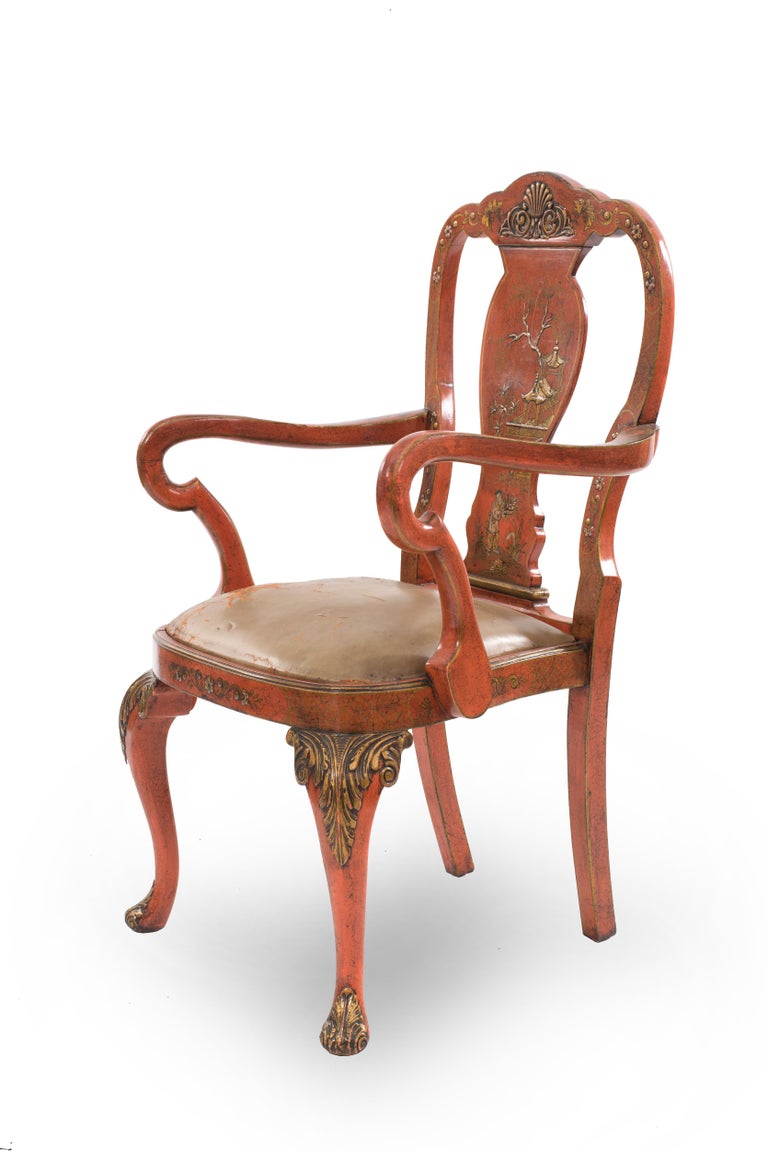 Queen Anne Set of 8 English Chinoiserie Dining Chairs For Sale
